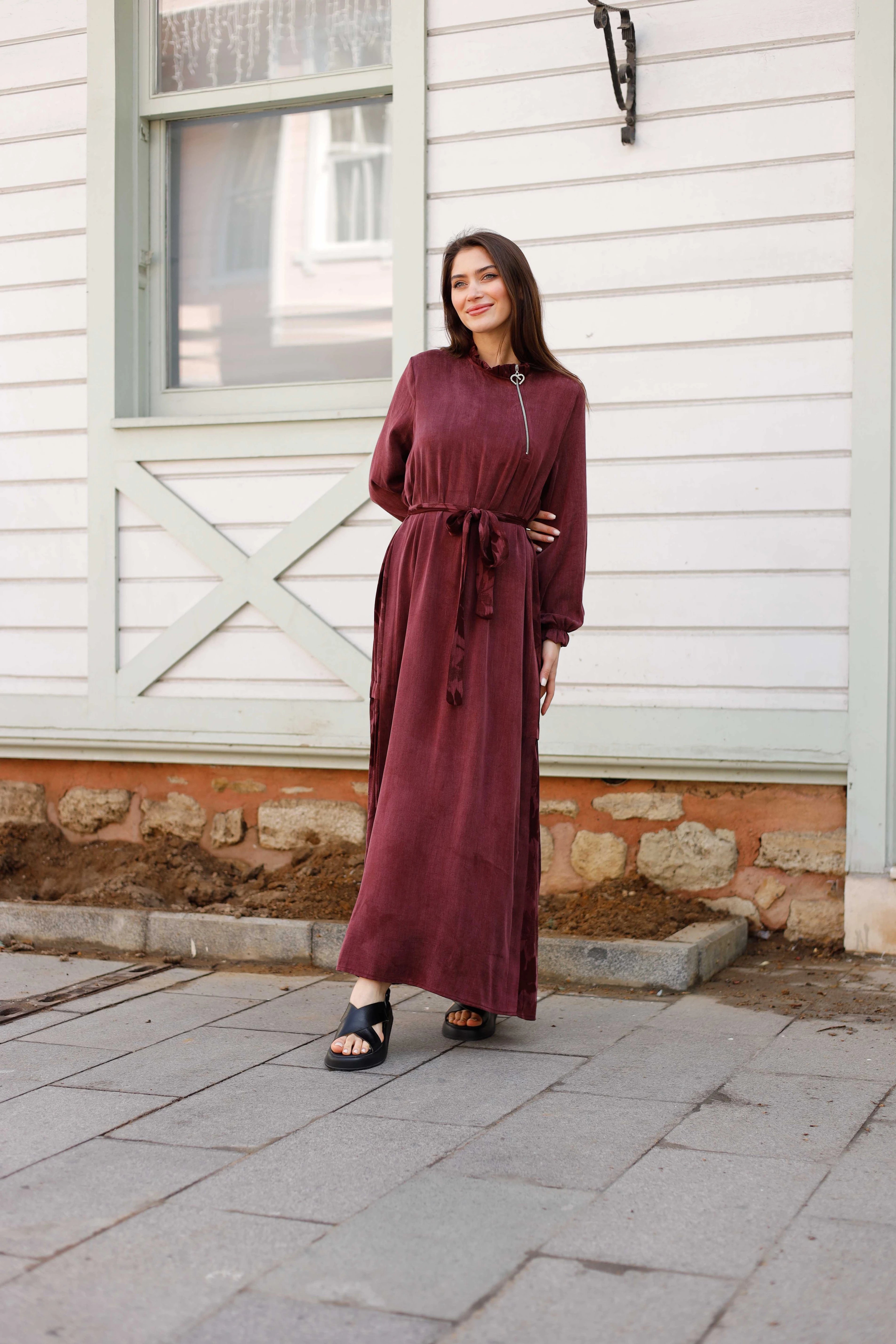 Wholesale Cupra Fabric Leaf Patterned Dress - 3716 - Burgundy