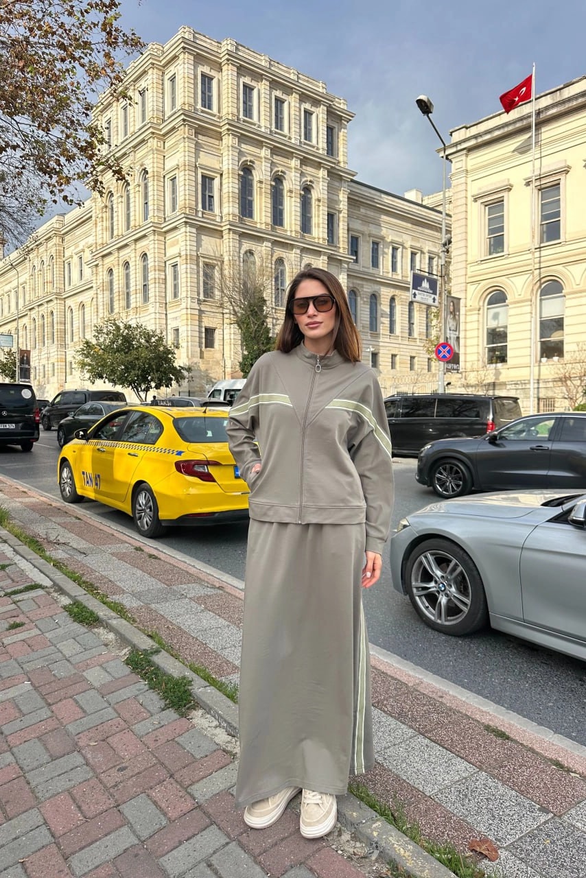 Toptan İki İplik Kumaş Şerit Detaylı İkili Etek Takım