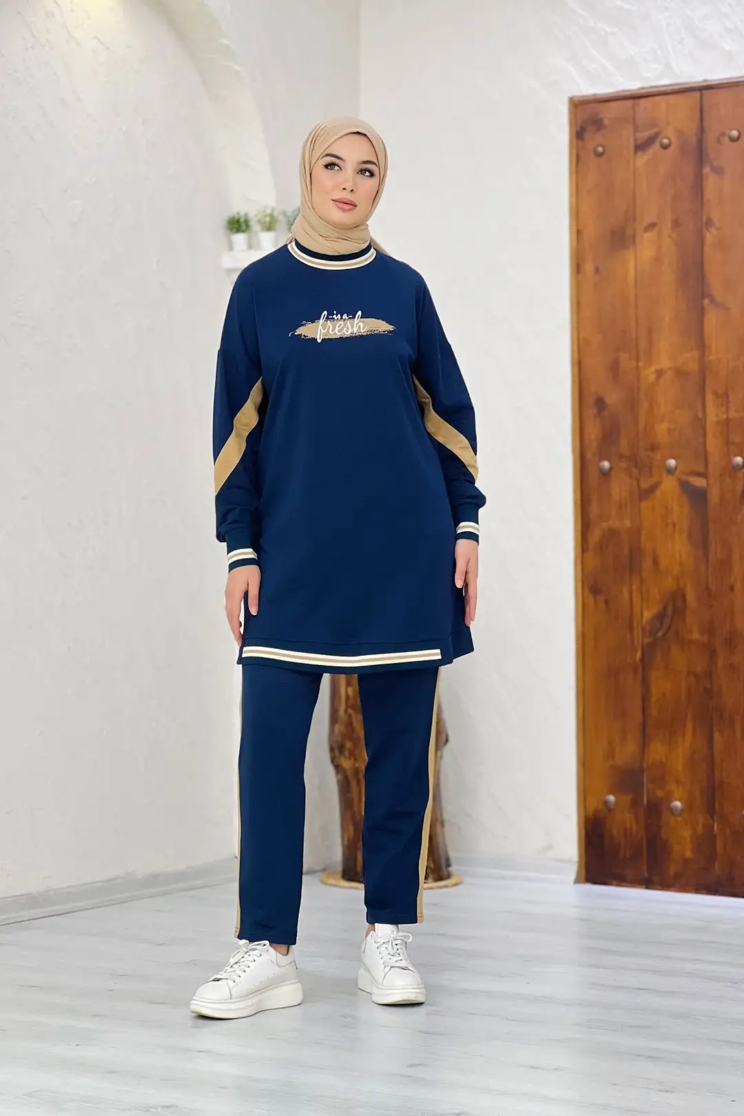 Toptan İki İplik Kumaş Yazı Desenli Ribana Detaylı İkili Takım - LACİVERT