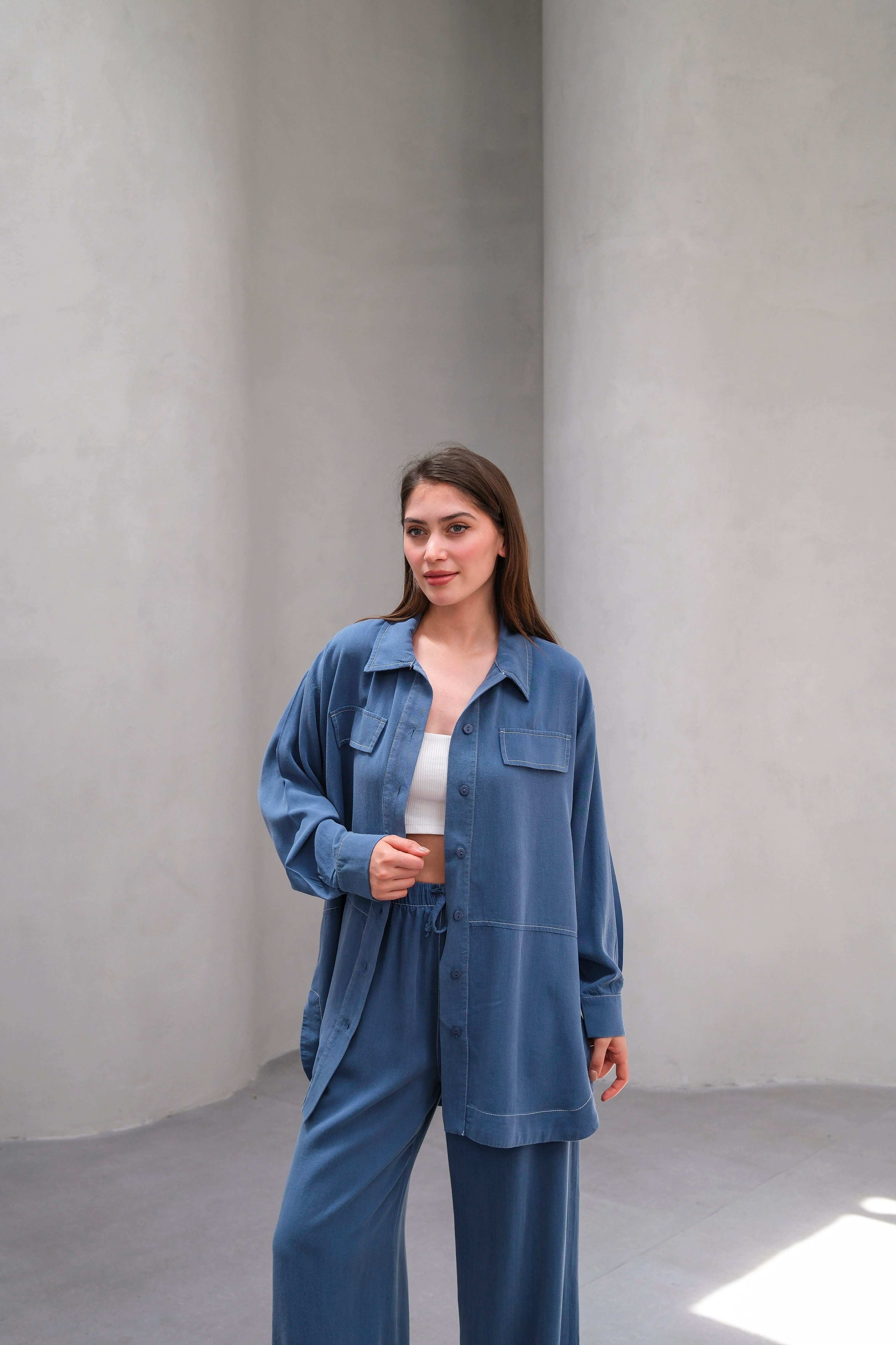 Wholesale Tencel Fabric Buttoned Flap Pocket Two Piece Suit - 10644 Product Information - Indigo