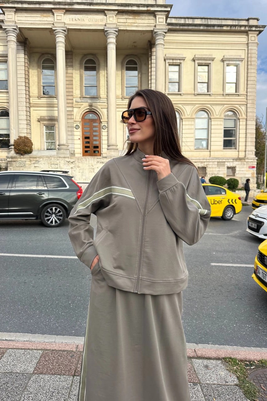 Toptan İki İplik Kumaş Şerit Detaylı İkili Etek Takım