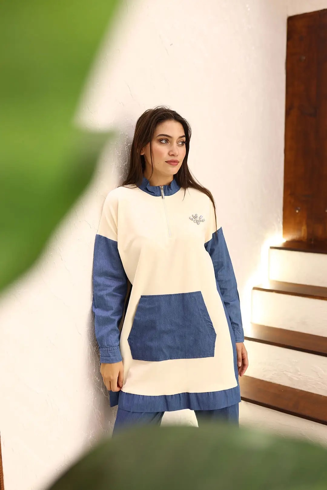 Wholesale Denim Two-Thread Fabric Stone Detailed Two-Piece Suit - Ecru
