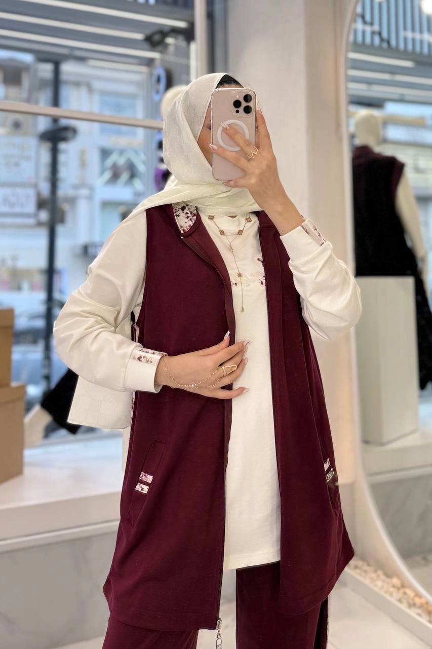 Toptan Oysho Kumaş Desenli Yan Şerit Detaylı Yelekli Üçlü Takım