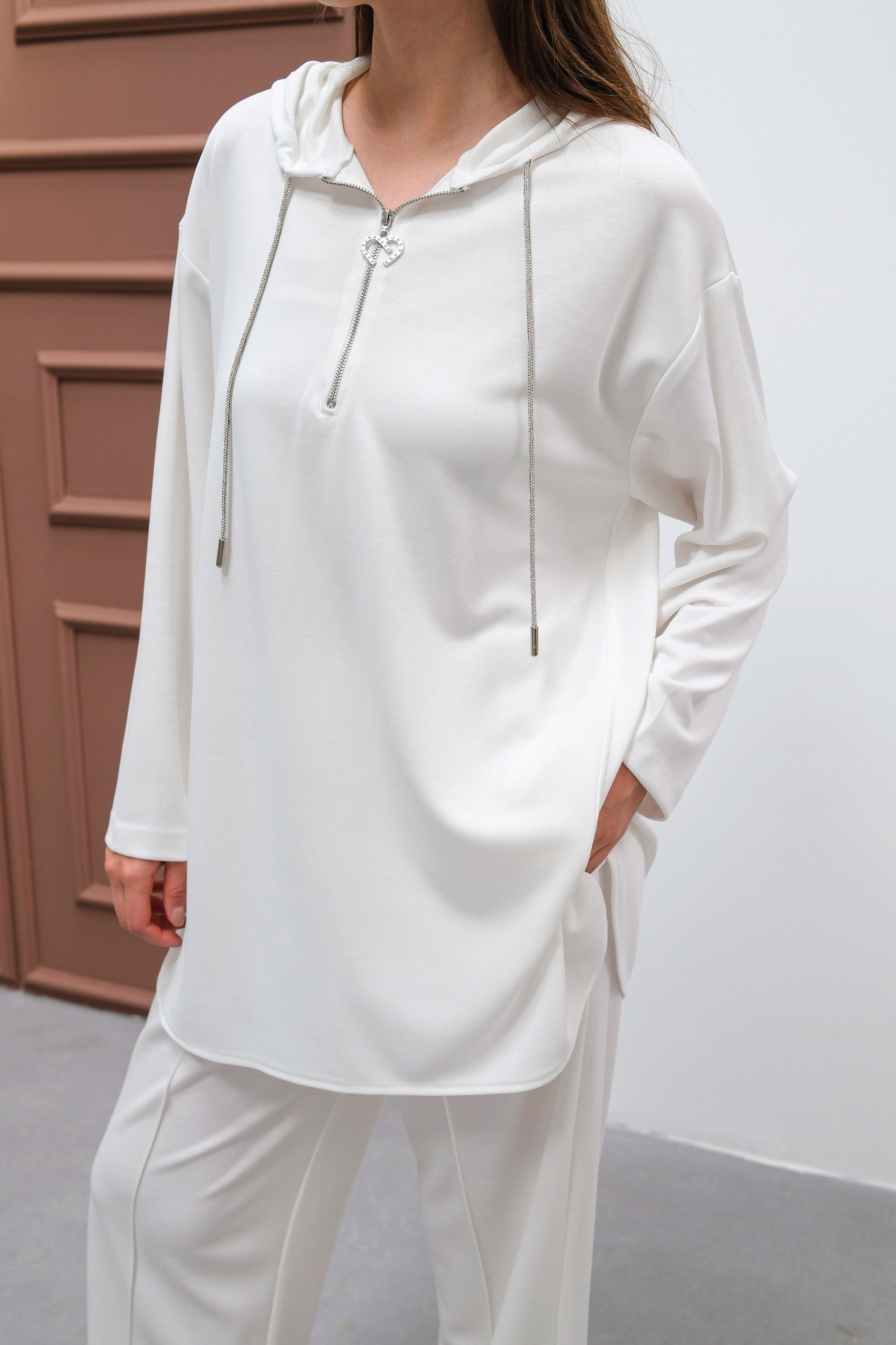 Wholesale Ecem Fabric Half Zipper Hooded Two Piece Suit - 10663 Product Information - Ecru