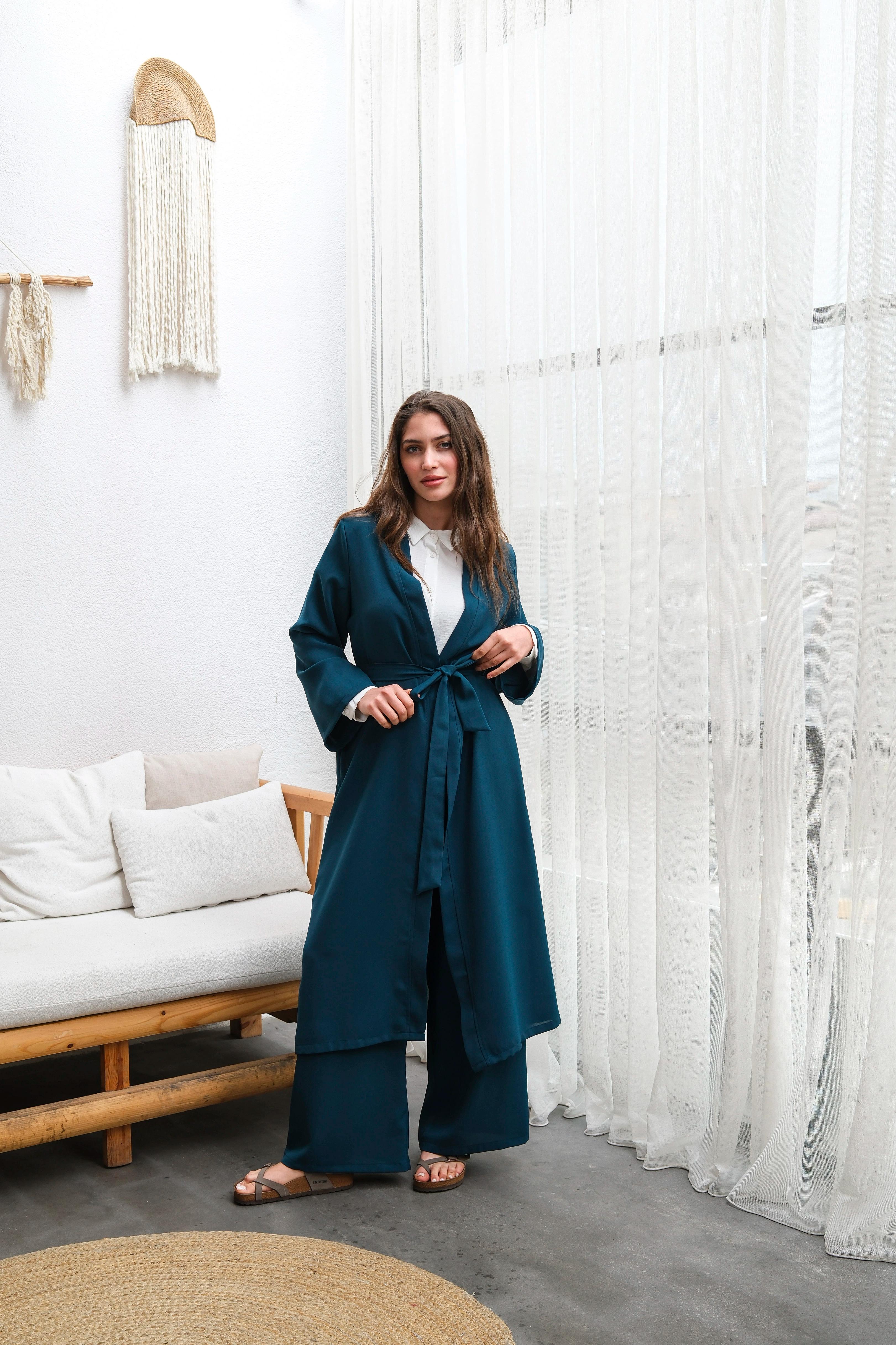 Wholesale Thin Crepe Fabric Belted Two Piece Suit - 10634 Product Information - Oil Blue