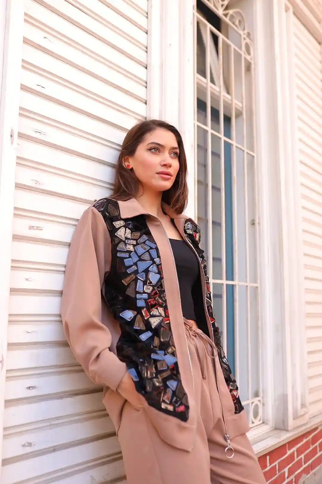 Toptan Krep Kumaş Ceketi Desenli İkili Takım