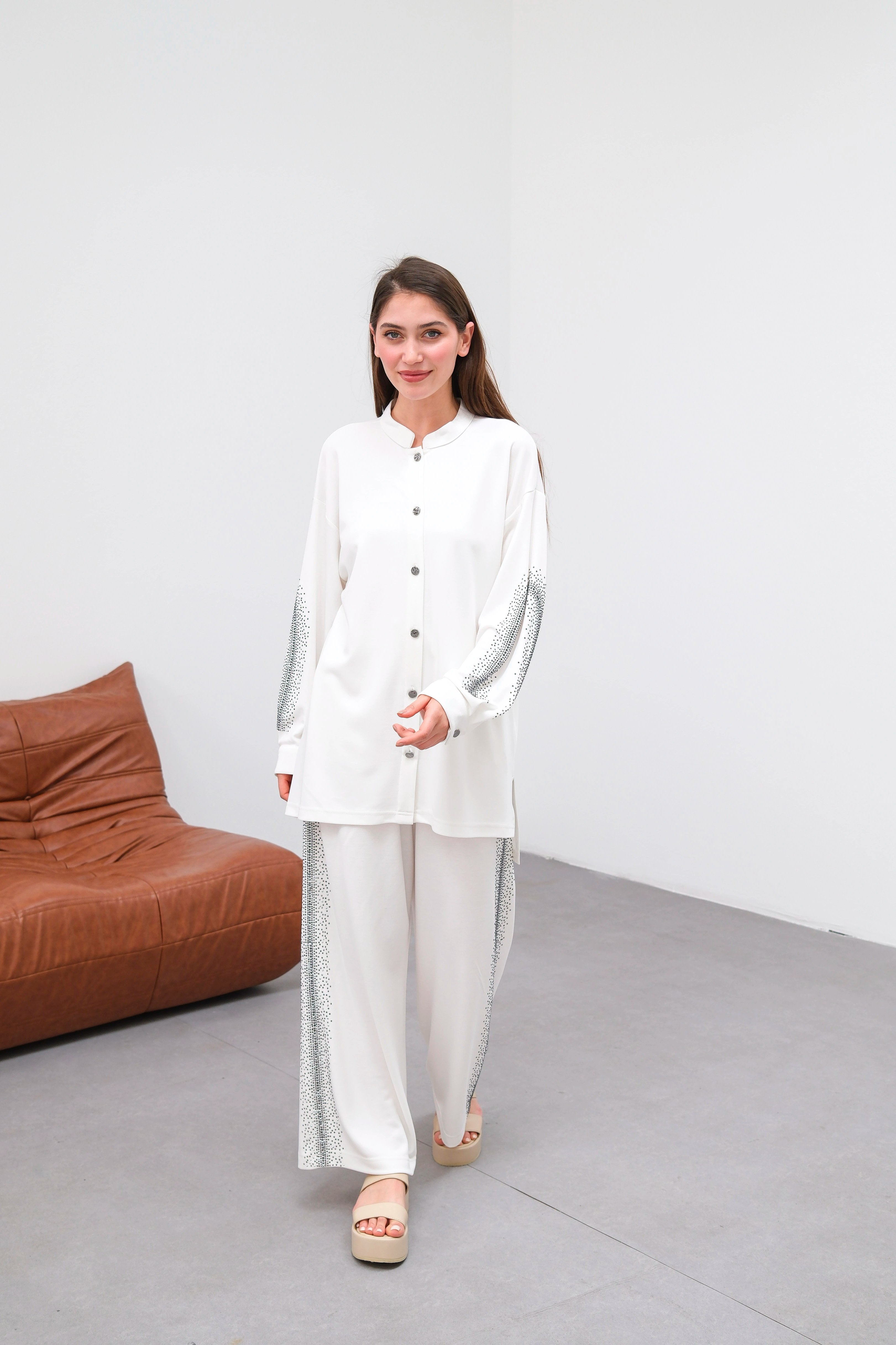 Wholesale Knitted Cupra Fabric Stone Embellished Two Piece Suit - 10657 Product Information - Ecru