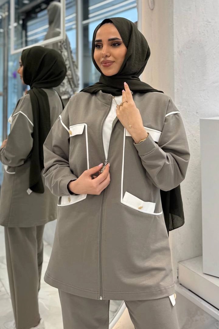 Toptan İki İplik Kumaş Cep Detaylı Fermuarlı İkili Takım