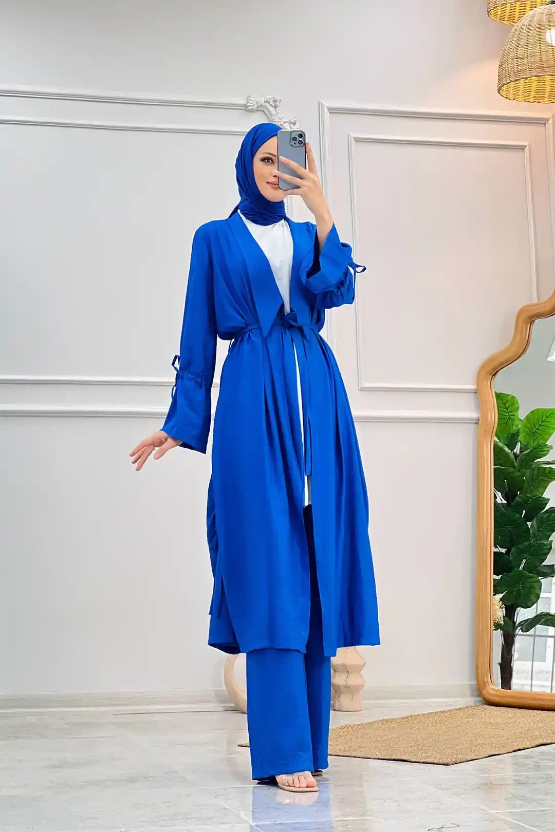 Wholesale Alice Fabric Gathered Sleeve Drawstring Detailed Three-Piece Suit - Sax