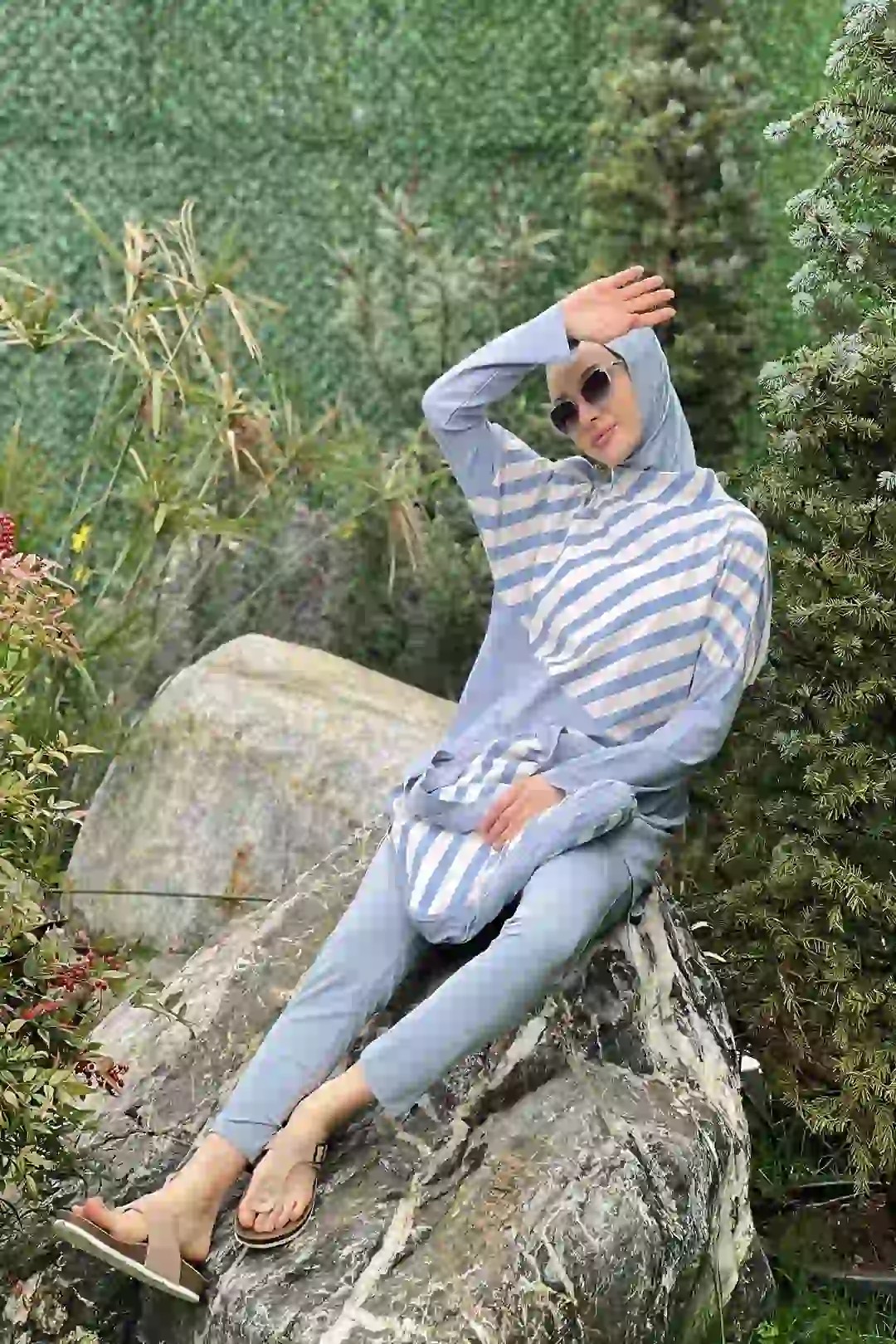 Toptan Polyester Elastan Kumaş Şeritli Büzgü Detaylı Çantalı Dörtlü Tesettür Mayo - MAVİ