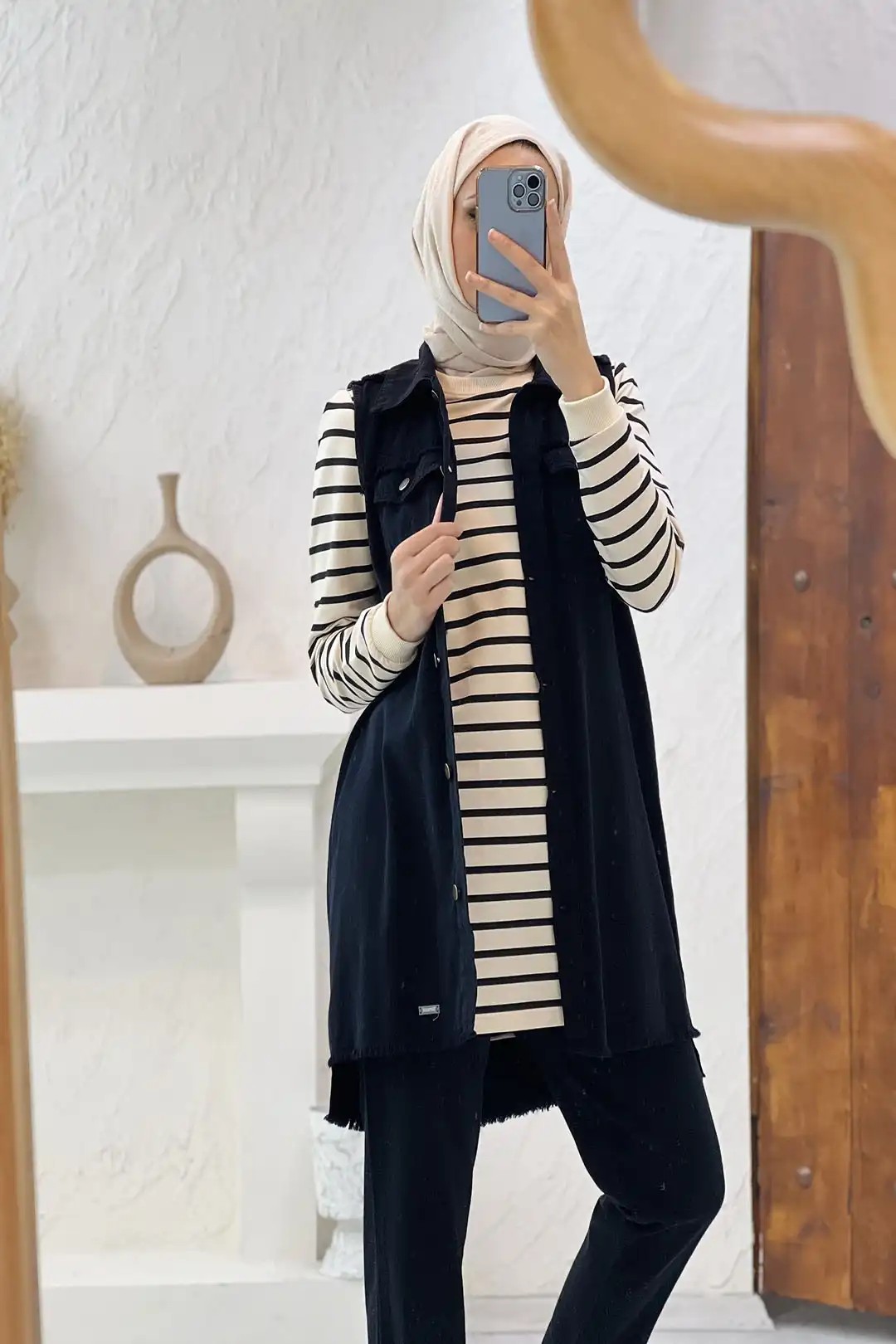 Wholesale Denim Fabric Horizontal Stripe Detailed Buttoned Three-Piece Suit