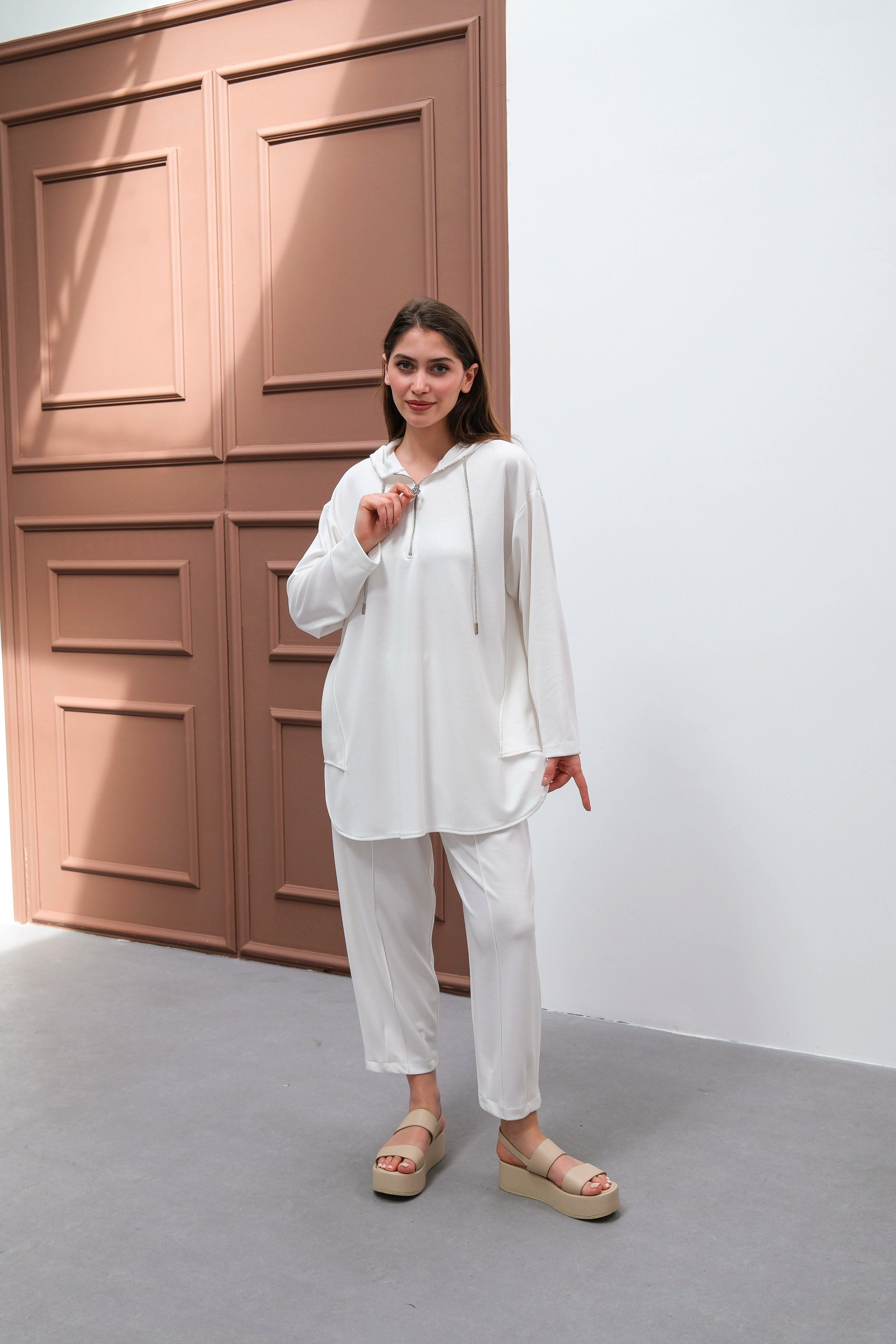 Wholesale Ecem Fabric Half Zipper Hooded Two Piece Suit - 10663 Product Information - Ecru