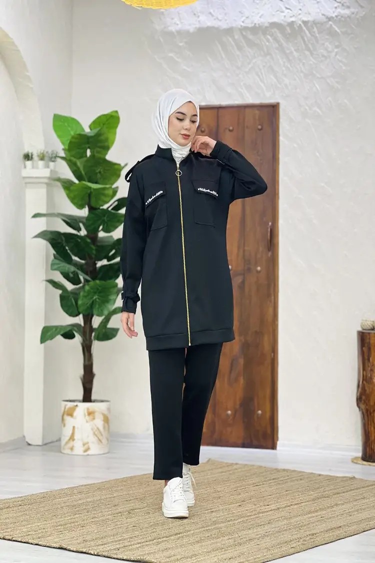 Wholesale Scuba Fabric Zipper Pockets Stoned Two Piece Suit