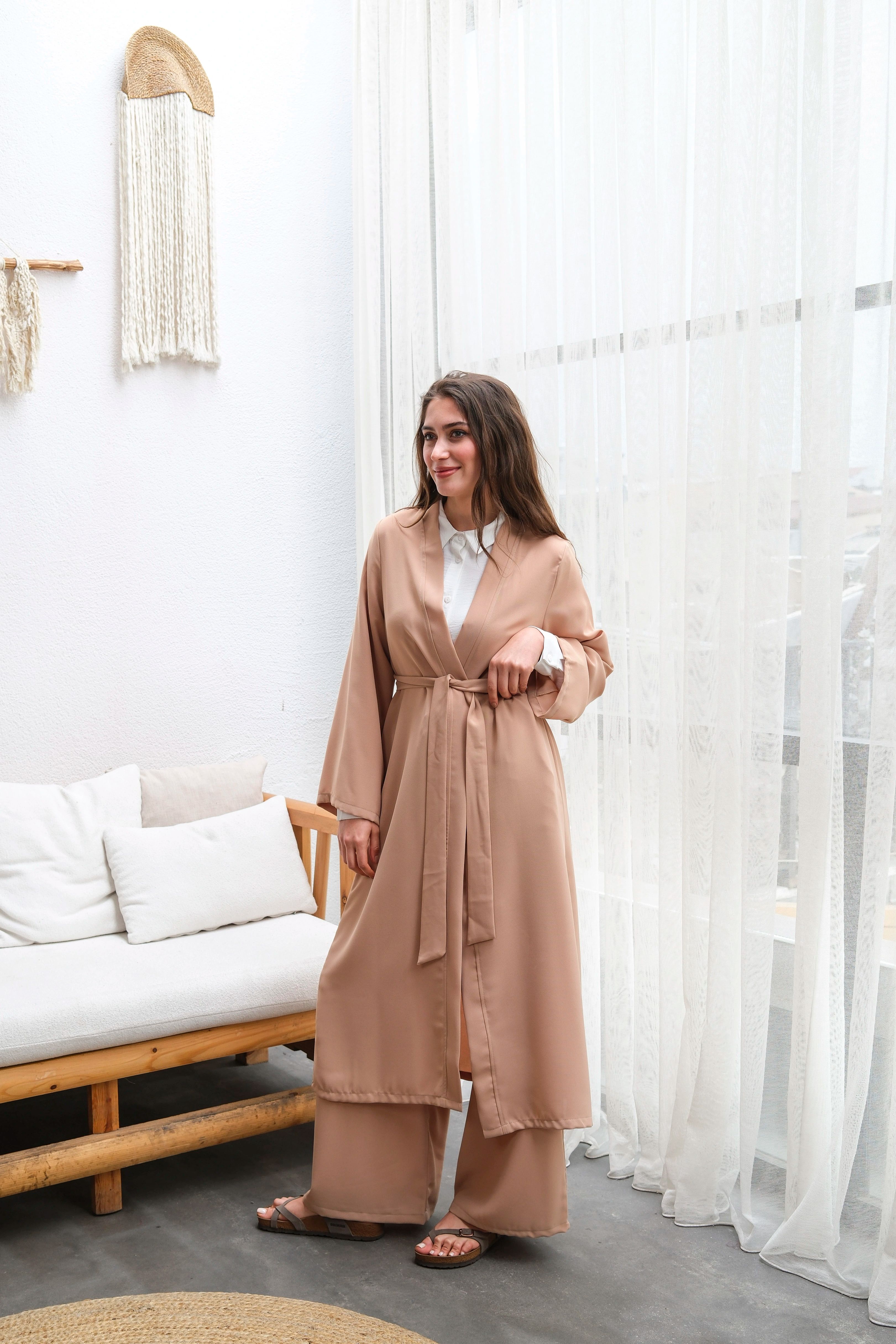 Wholesale Thin Crepe Fabric Belted Two Piece Suit - 10634 Product Information - Milk Coffee