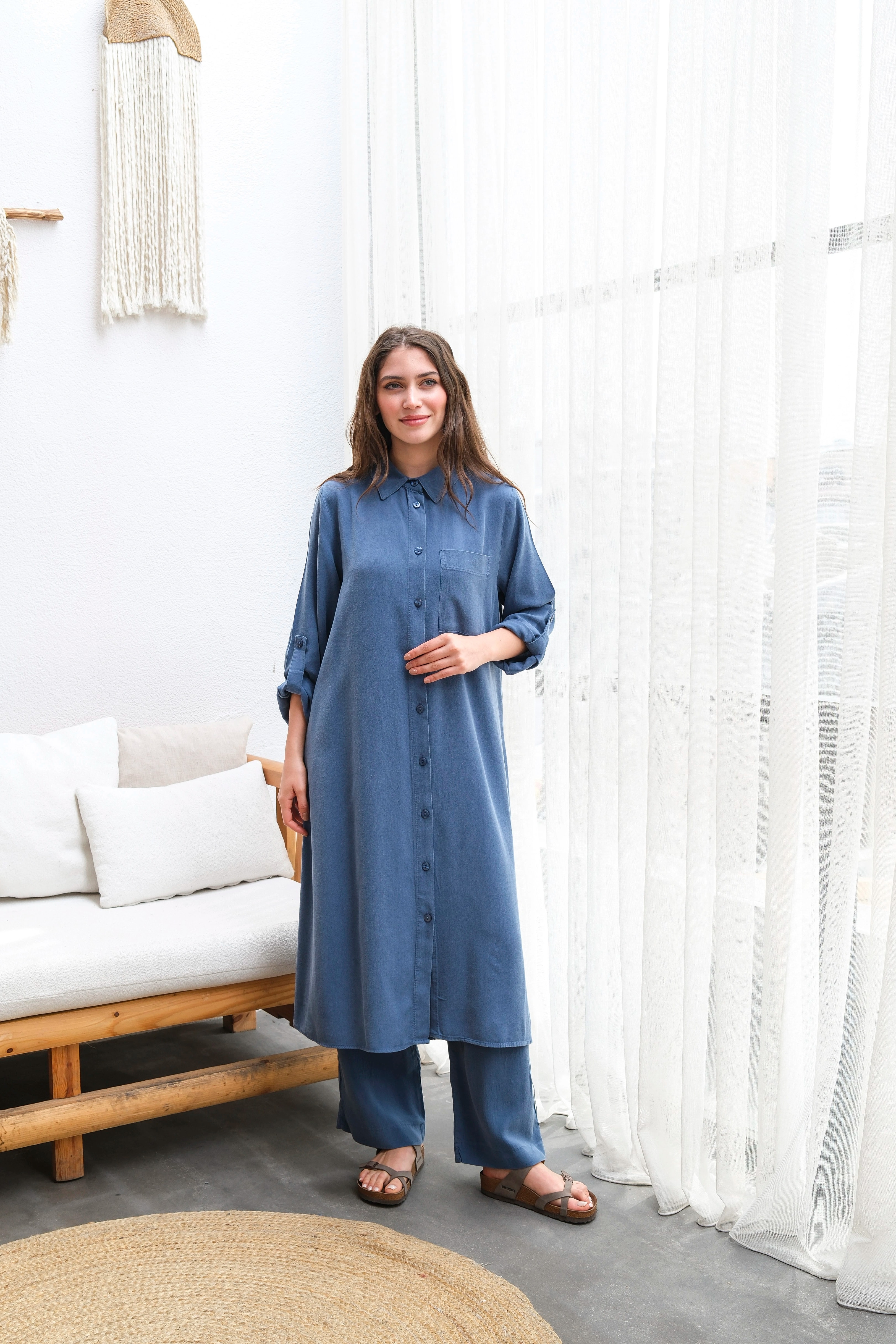 Toptan Tensel Kumaş Tuniği Uzun Düğmeli Battal Beden İkili Takım - LACİVERT