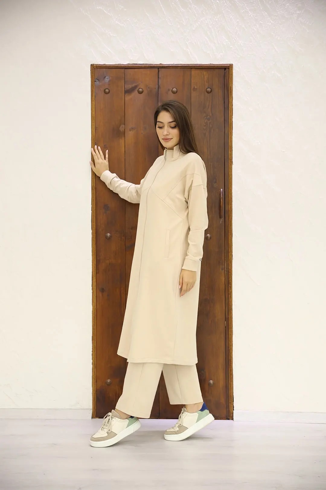 Wholesale Two-Thread Fabric Full Zippered Two-Piece Suit - Biscuit