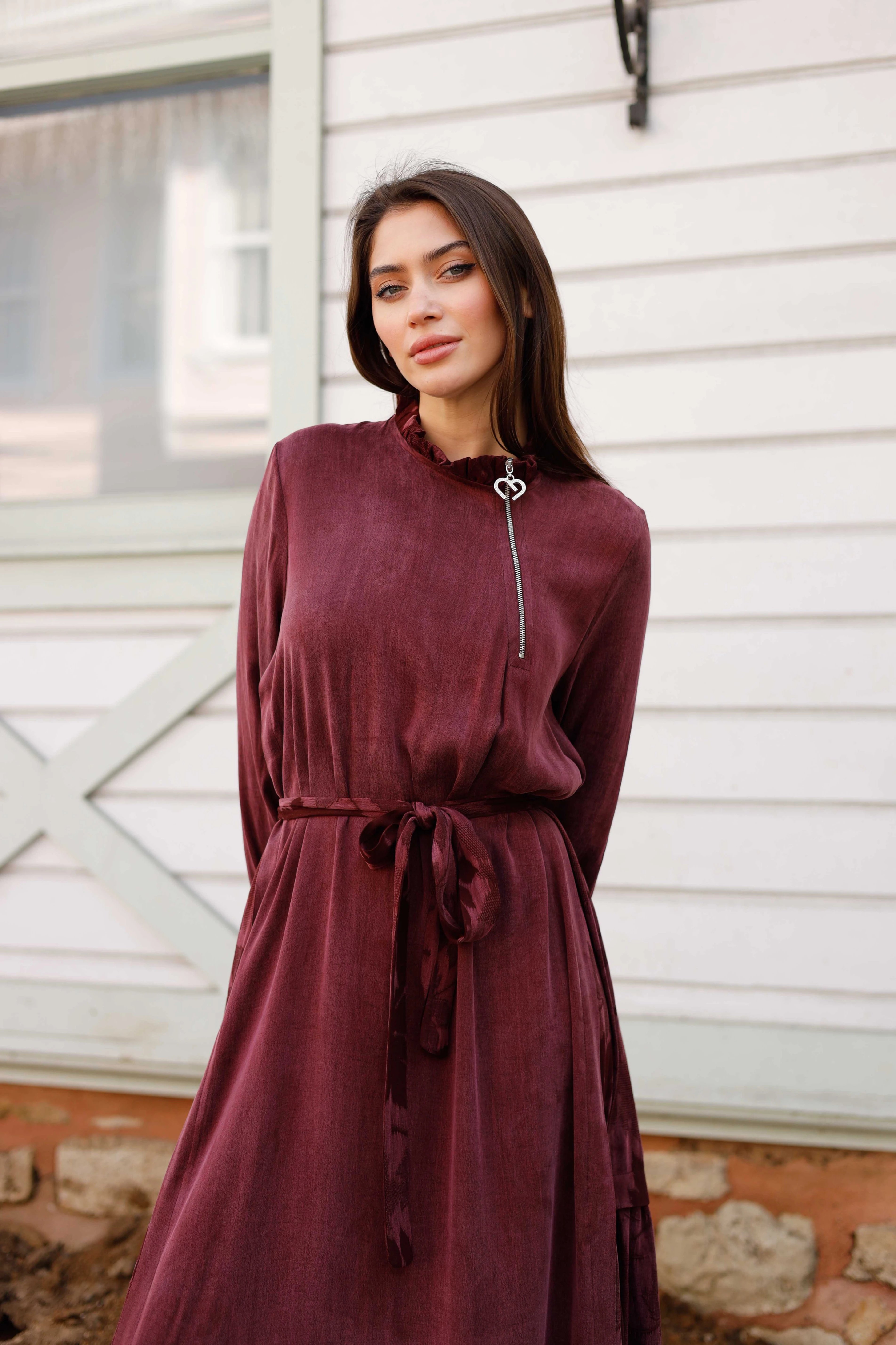 Wholesale Cupra Fabric Leaf Patterned Dress - 3716 - Burgundy