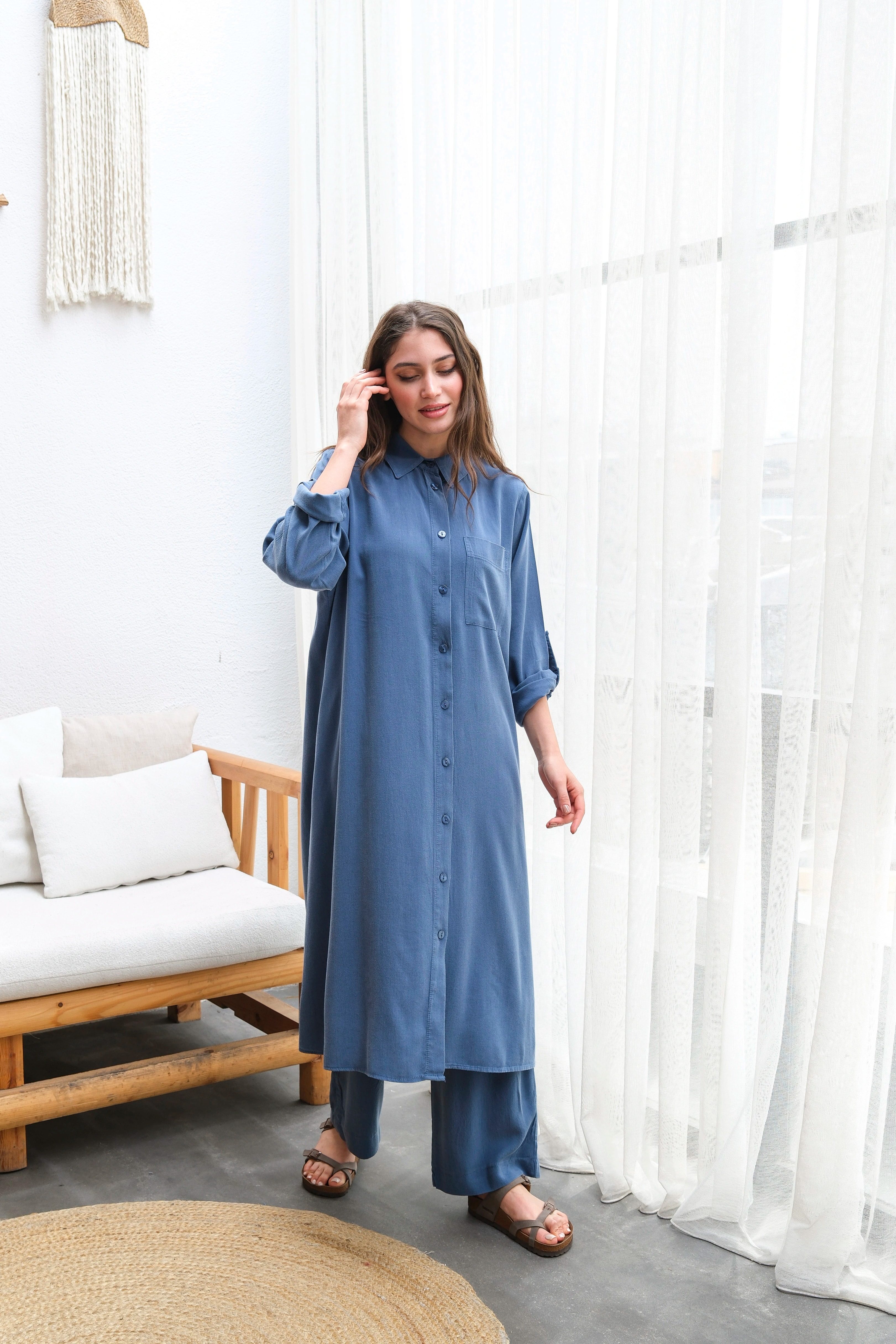 Toptan Tensel Kumaş Tuniği Uzun Düğmeli Battal Beden İkili Takım - LACİVERT