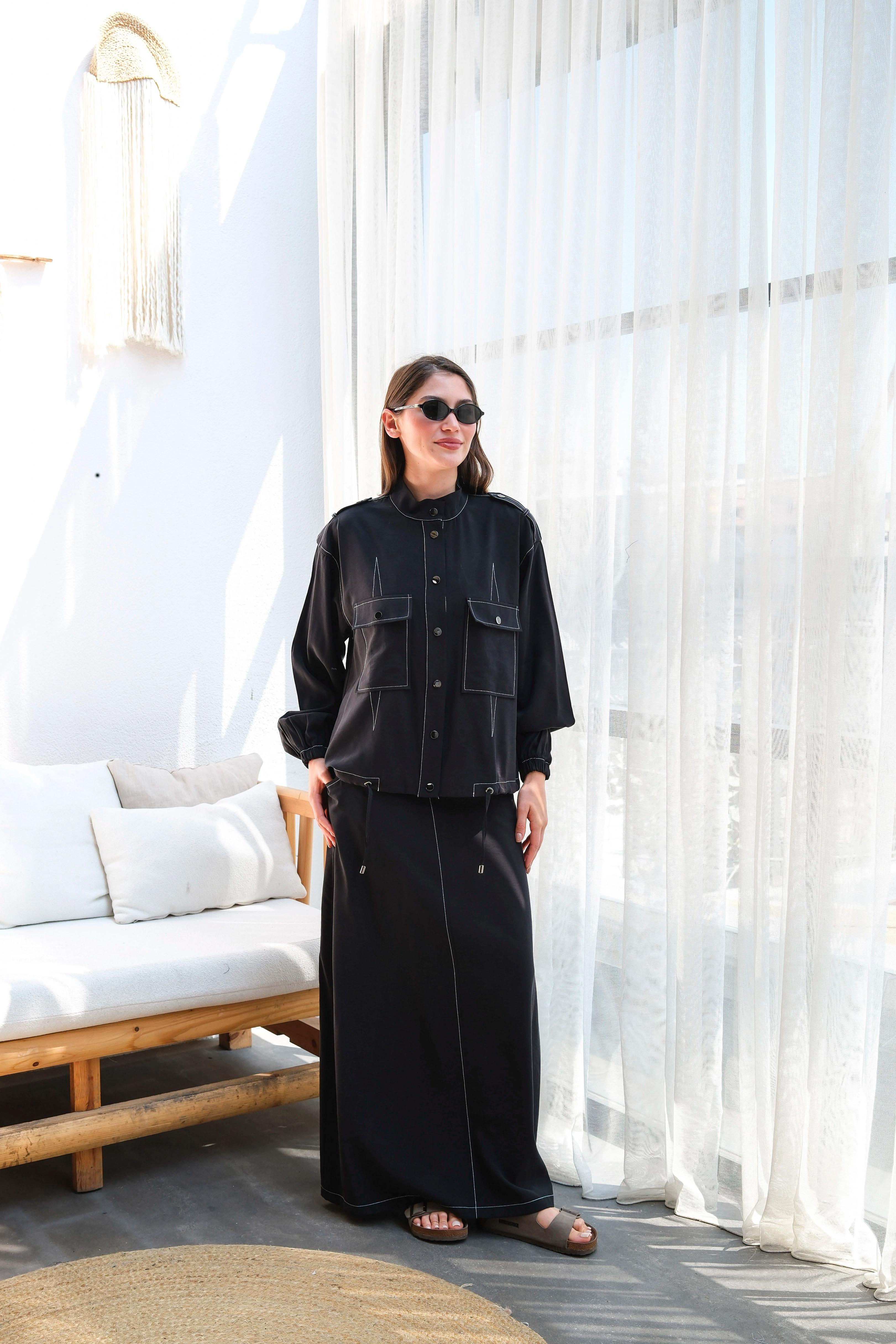 Wholesale Modal Fabric Jacket Waist Elastic Double Skirt Set - 8207 Product Information