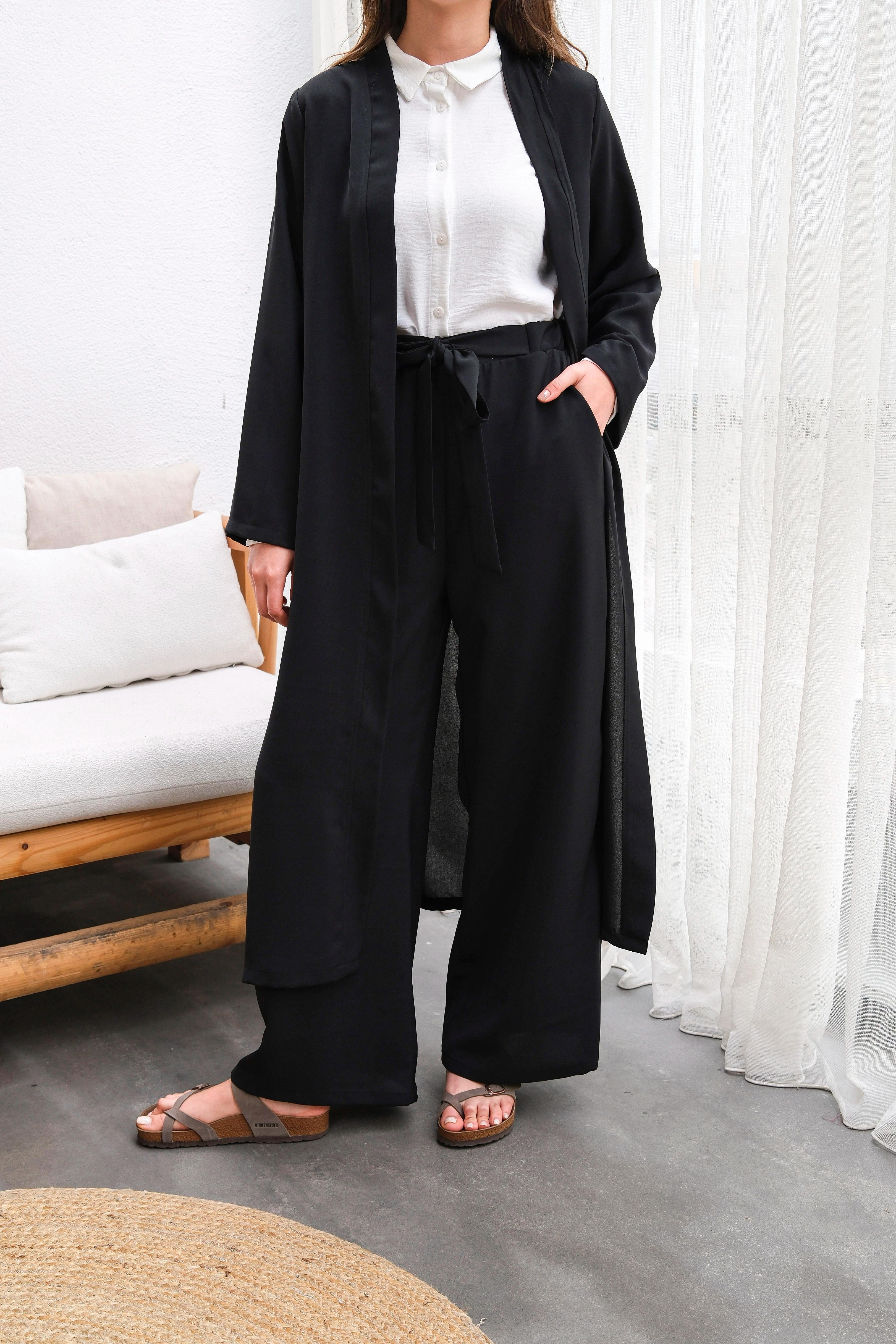 Wholesale Thin Crepe Fabric Belted Two Piece Suit - 10634 Product Information - Black