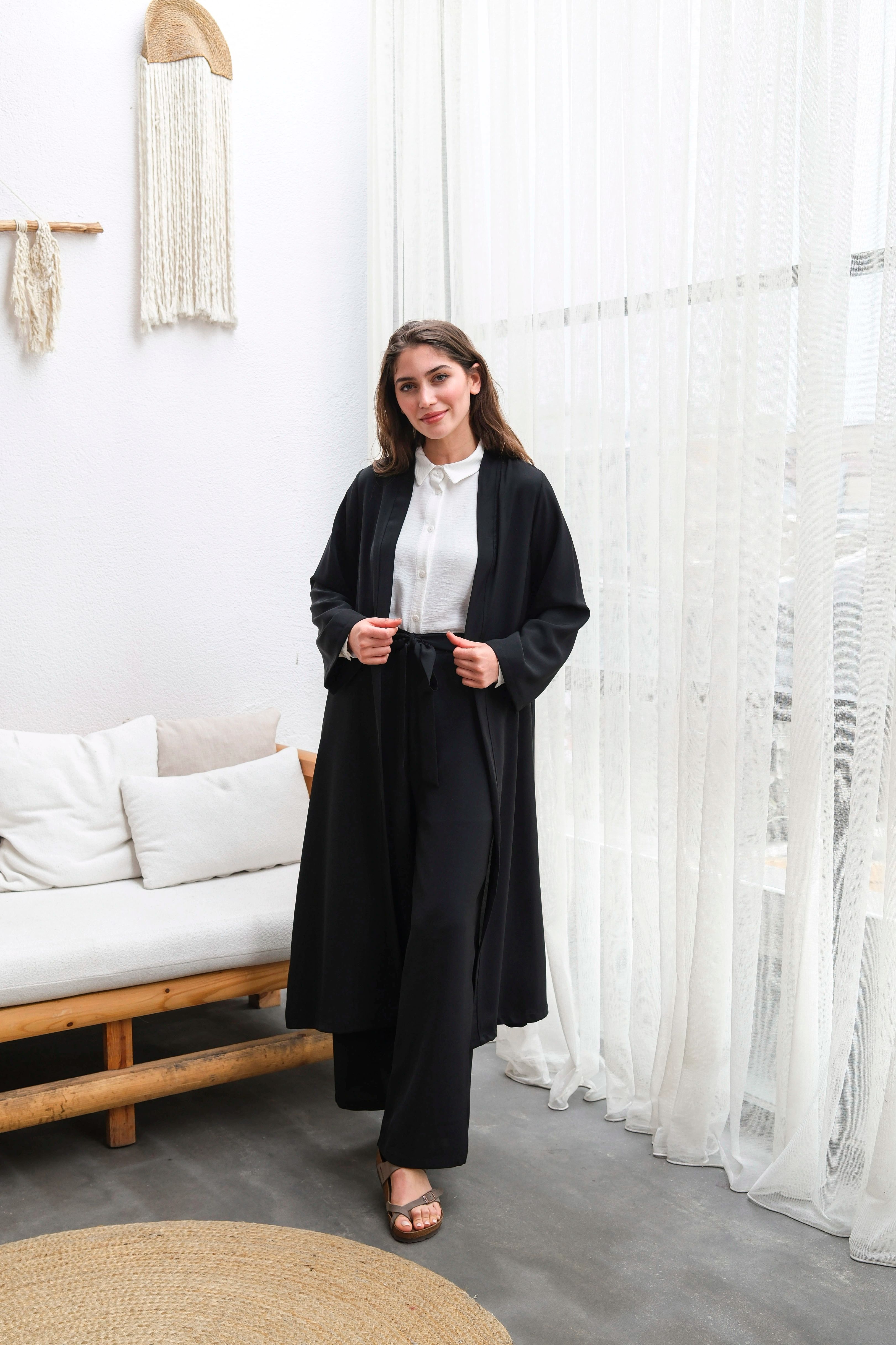 Wholesale Thin Crepe Fabric Belted Double Size Double Suit - b10634 Product Information - Black
