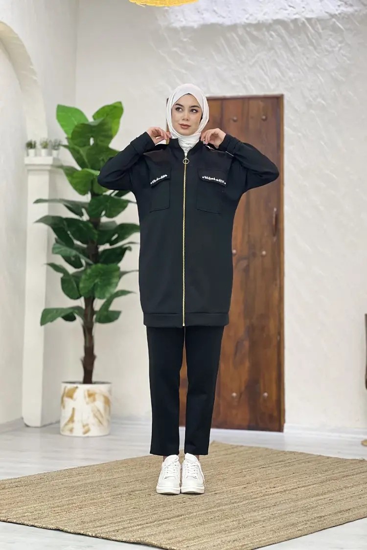 Wholesale Scuba Fabric Zipper Pockets Stoned Two Piece Suit