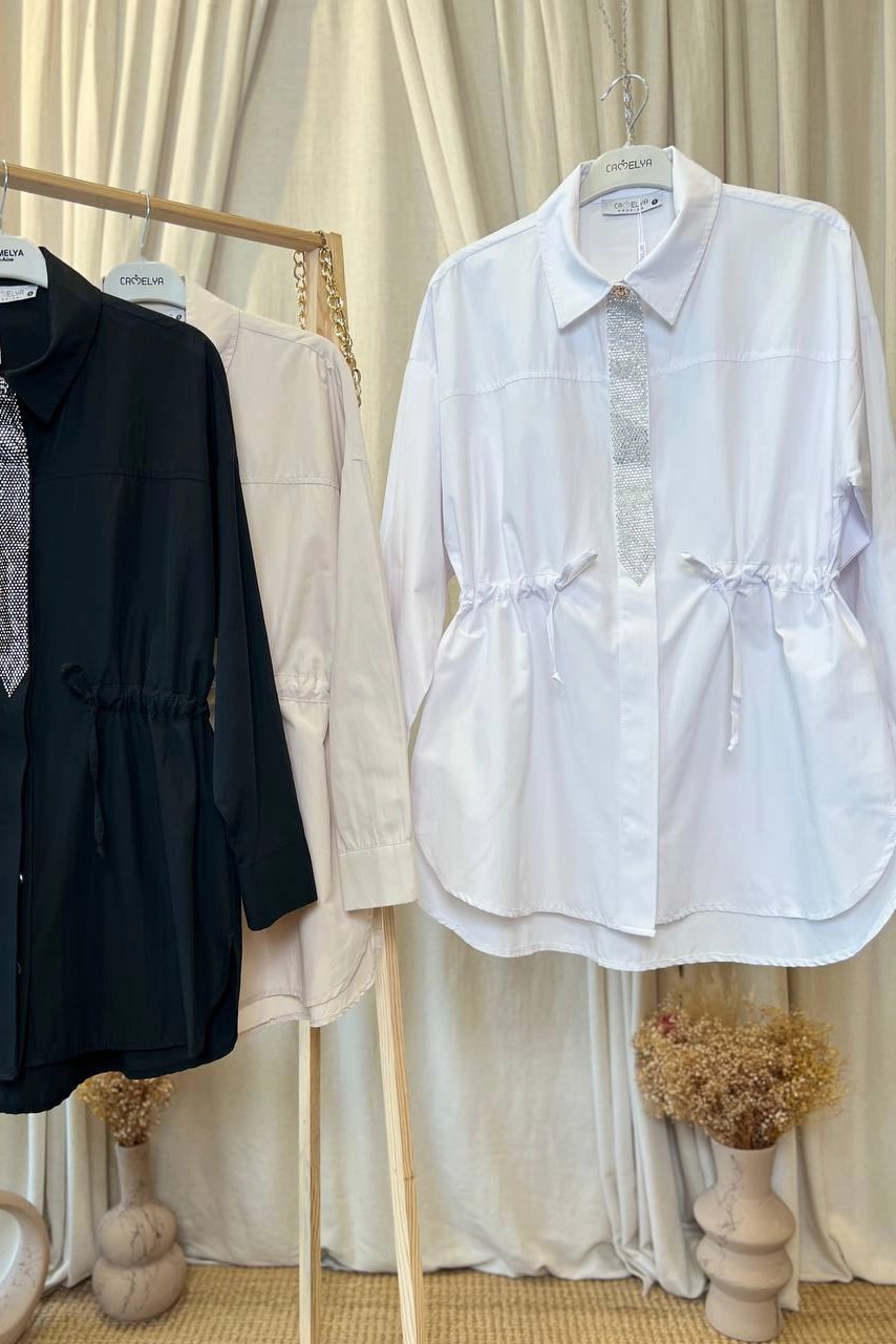Toptan Poplin Kumaş Belden Büzgülü Taş Detaylı Gömlek