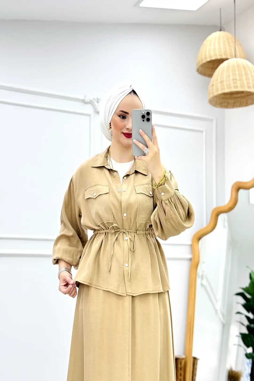 Wholesale Imported Cupro Fabric Gathered Waist Snap-Button Detail Skirt Set - Milk Coffee