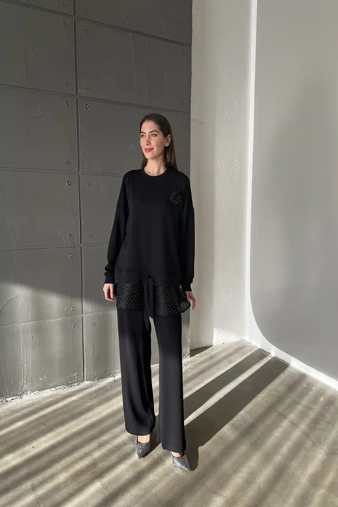 Wholesale Oysho Fabric Rose Detailed Two Piece Suit - 10592 - Black