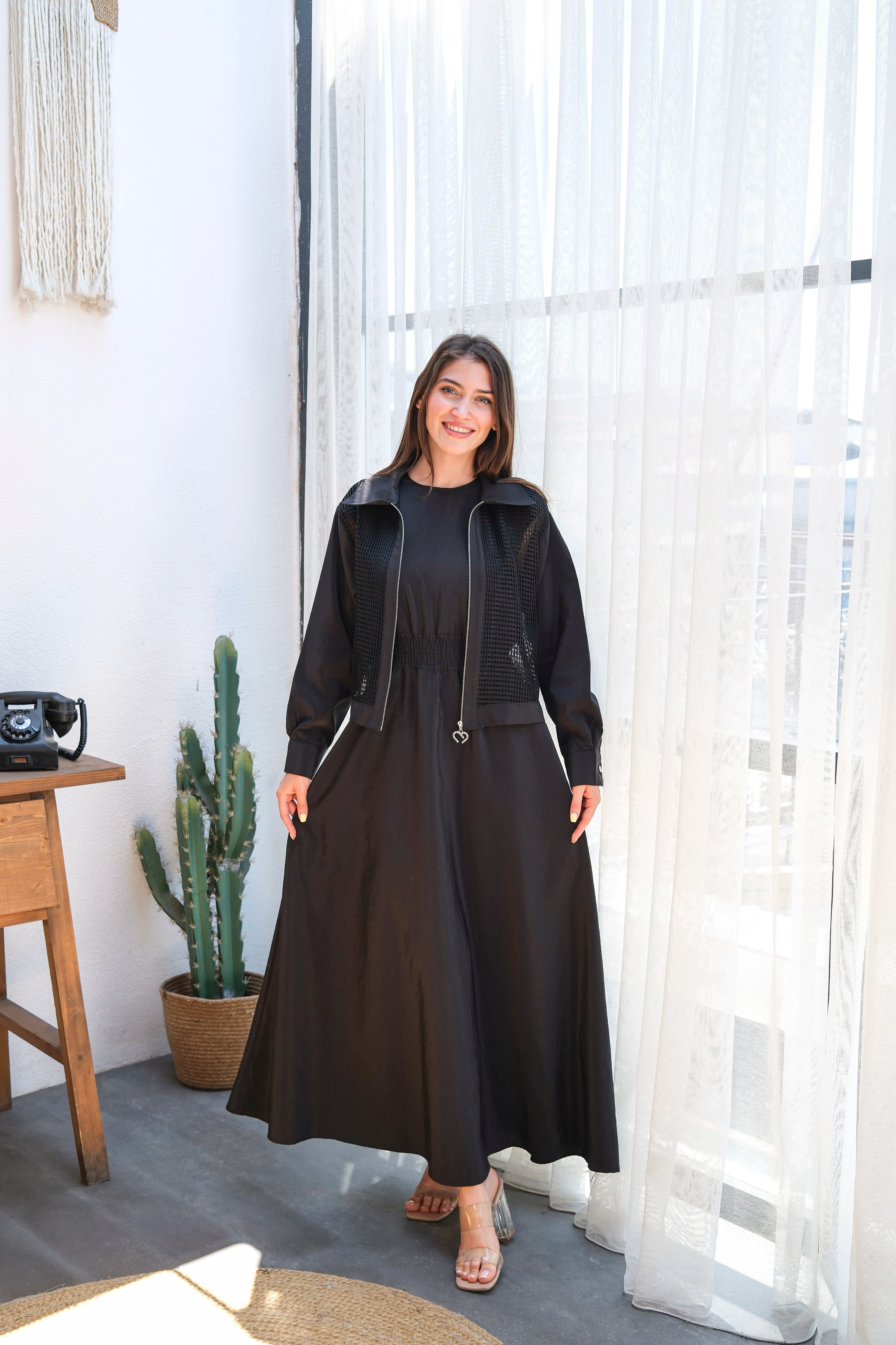 Sandy Kumaş Ceketi File Detaylı Zarif İkili Elbise 3757