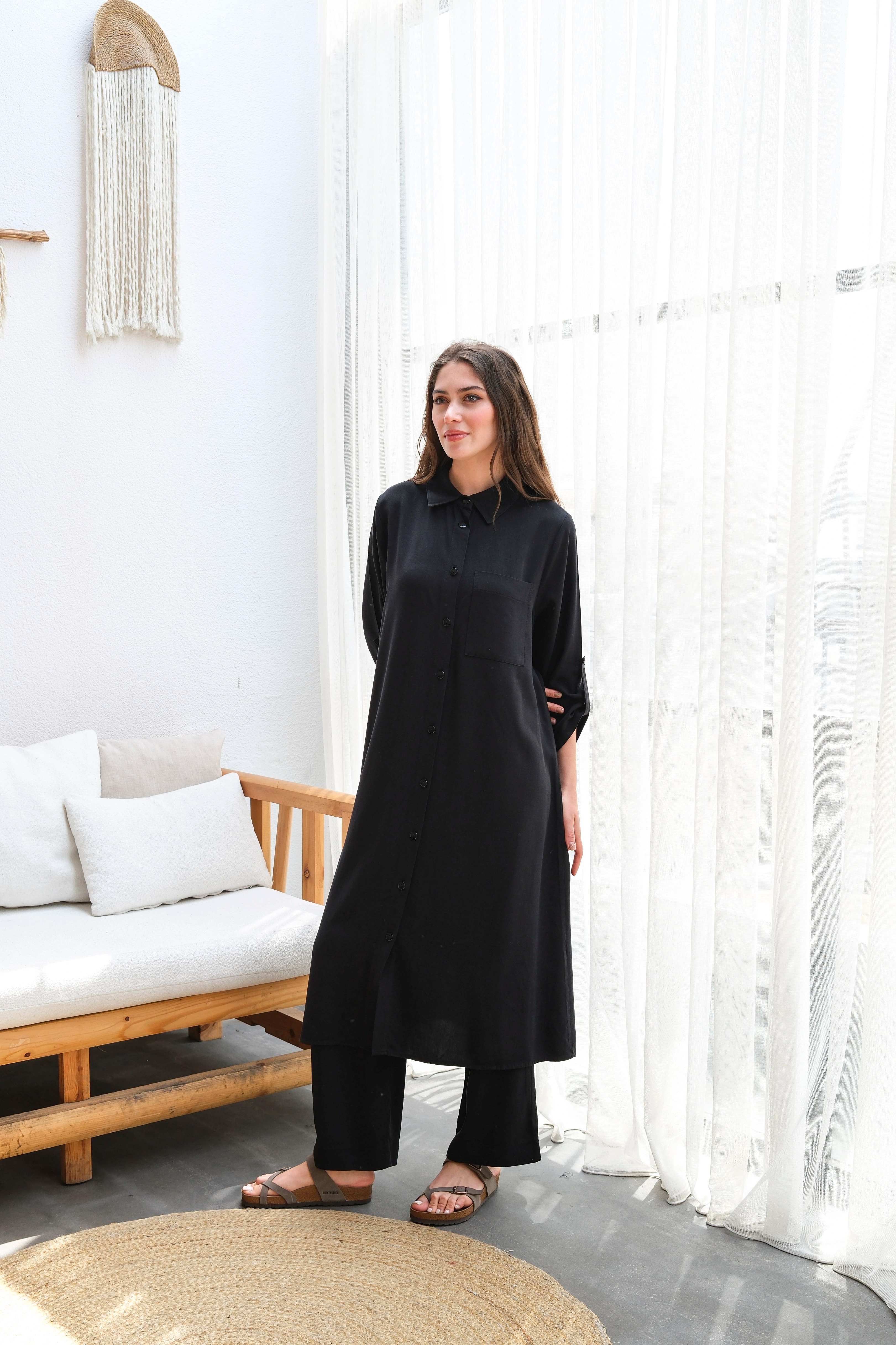 Toptan Tensel Kumaş Tuniği Uzun Düğmeli Battal Beden İkili Takım - SİYAH