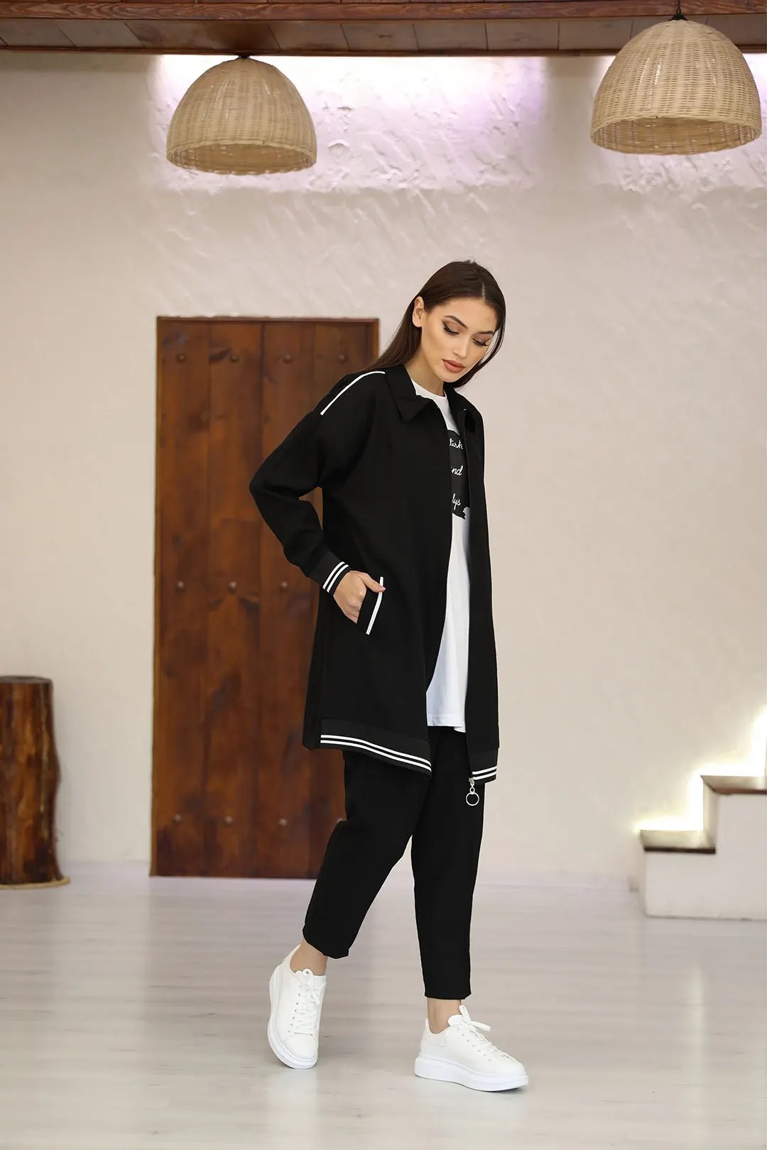 Battal Beden Şıklığıyla Lastik Detaylı Alice Kumaş Üçlü Takım b10022