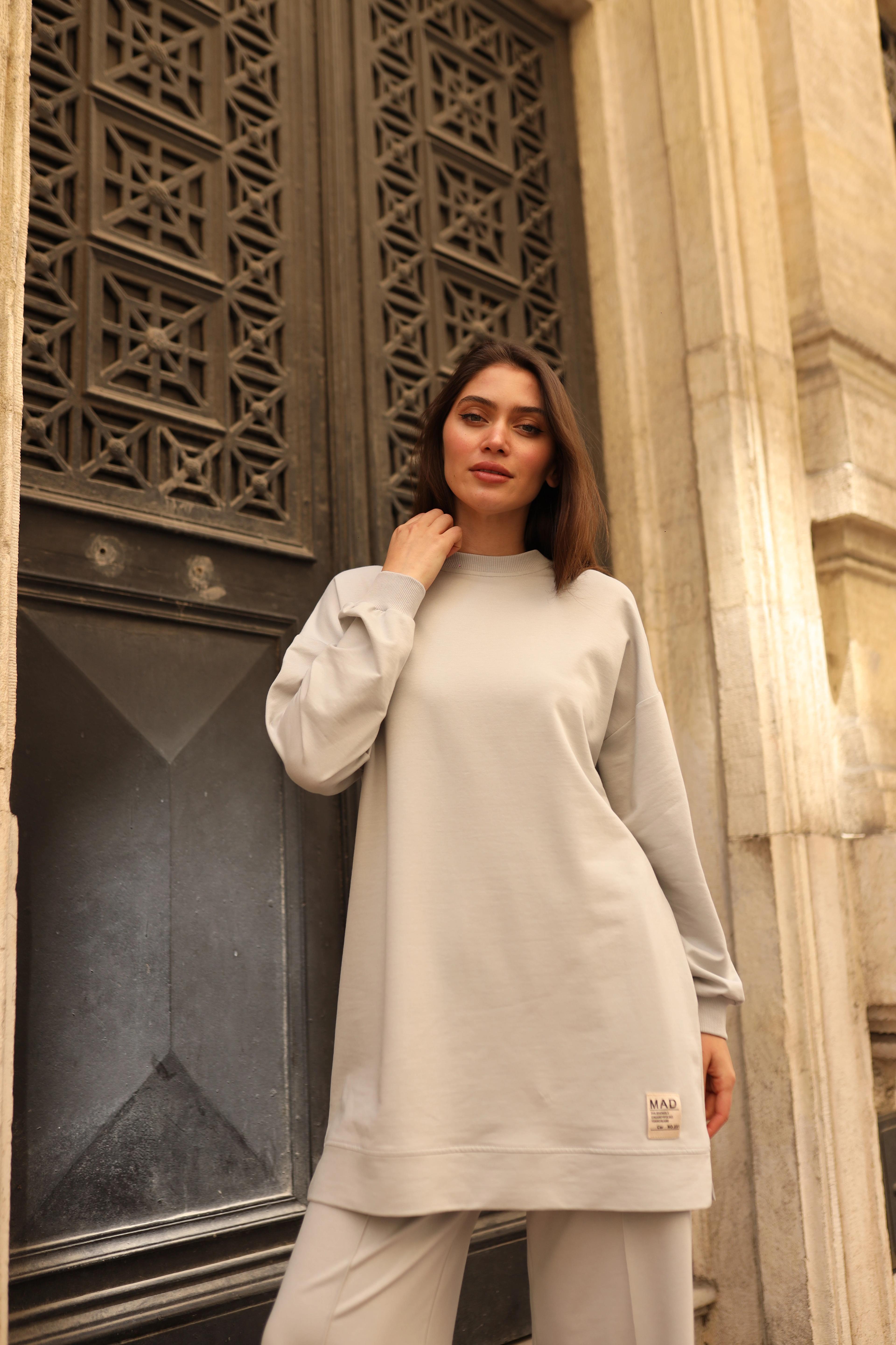 Wholesale Two Yarn Fabric Low Sleeve Embroidered Two Piece Suit - 10667 Product Information - AÇIK GRİ