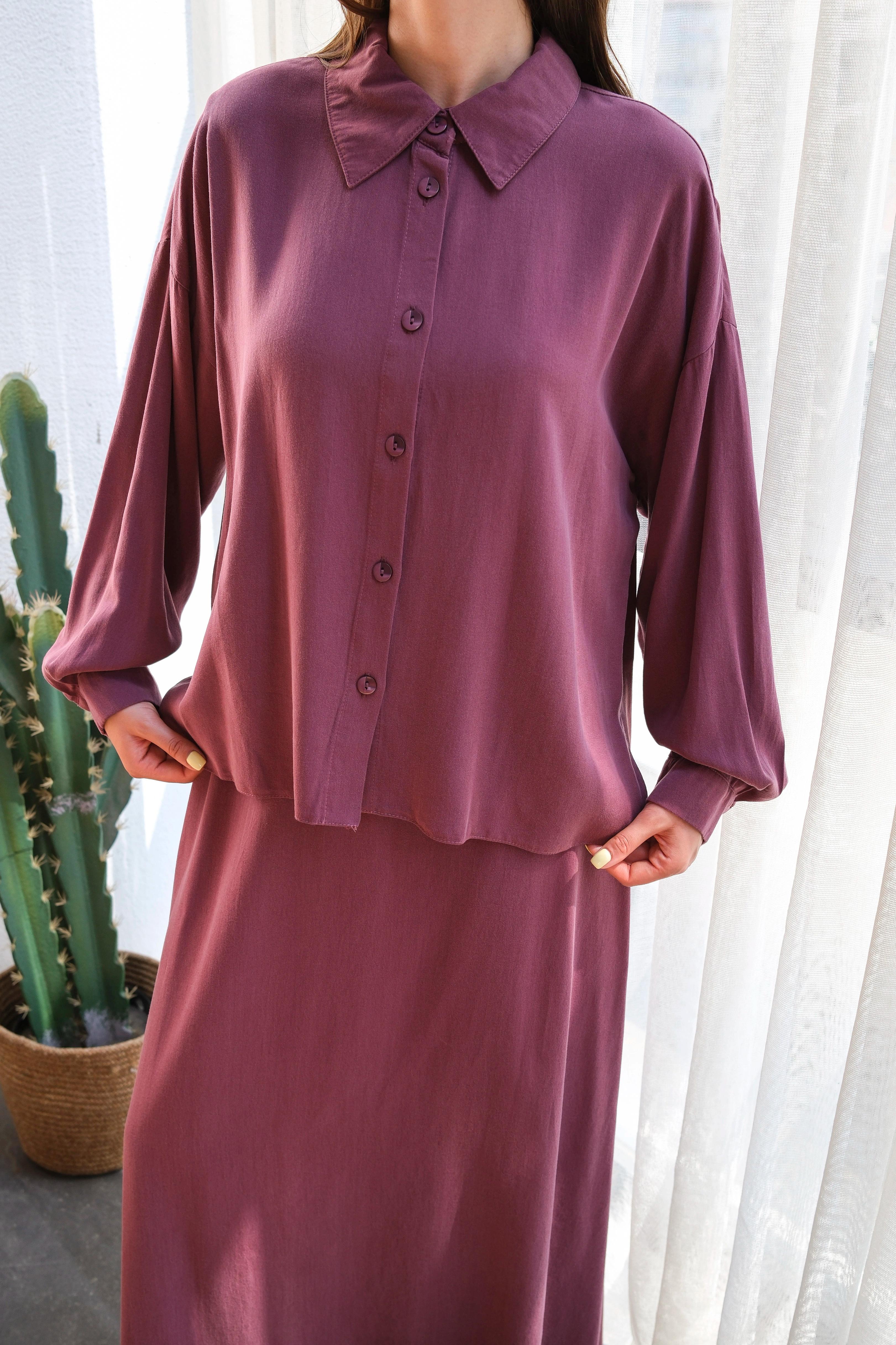 Wholesale Tencel Fabric Buttoned Double Skirt Set - 8219 Product Information - Burgundy