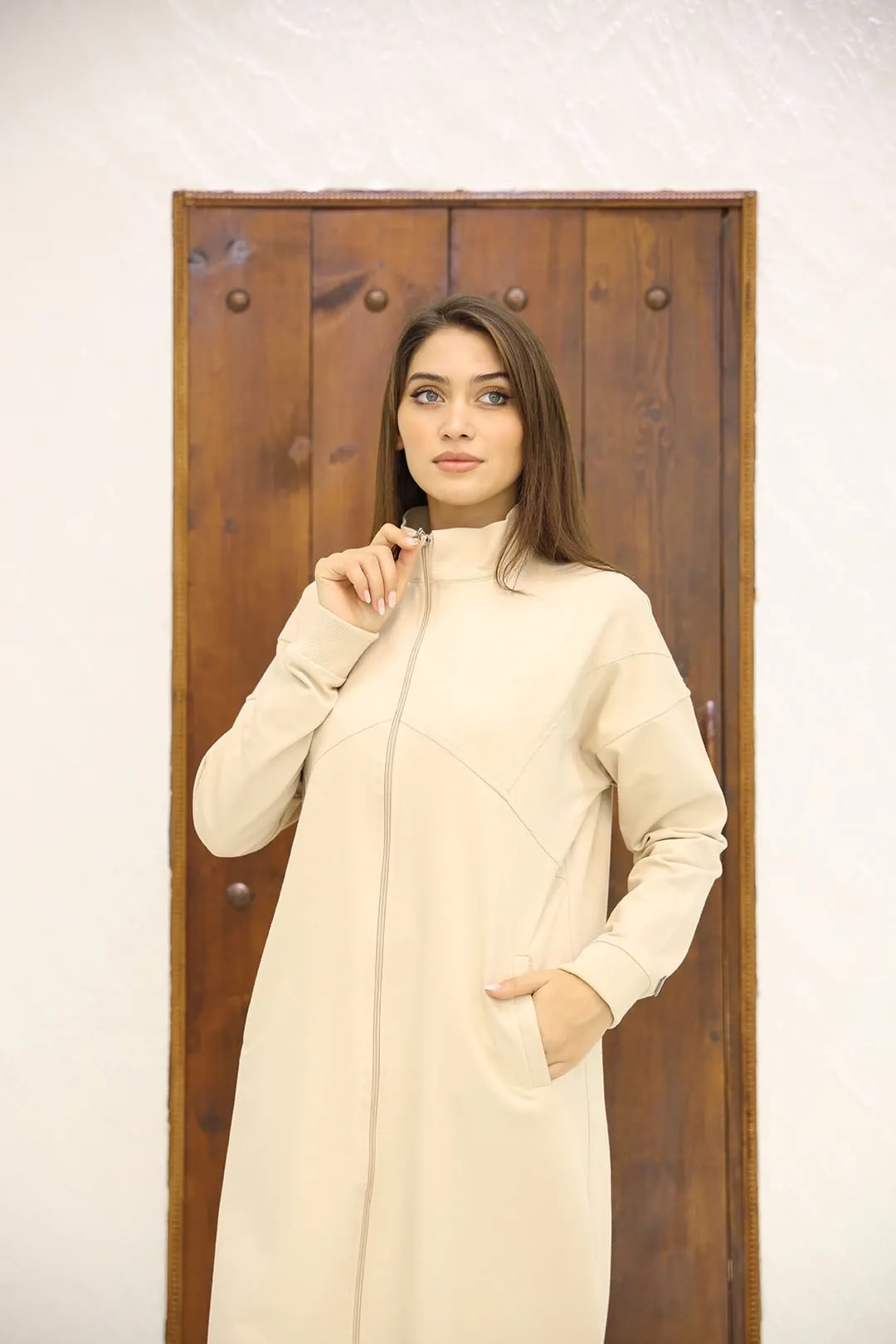 Wholesale Two-Thread Fabric Full Zippered Two-Piece Suit - Biscuit