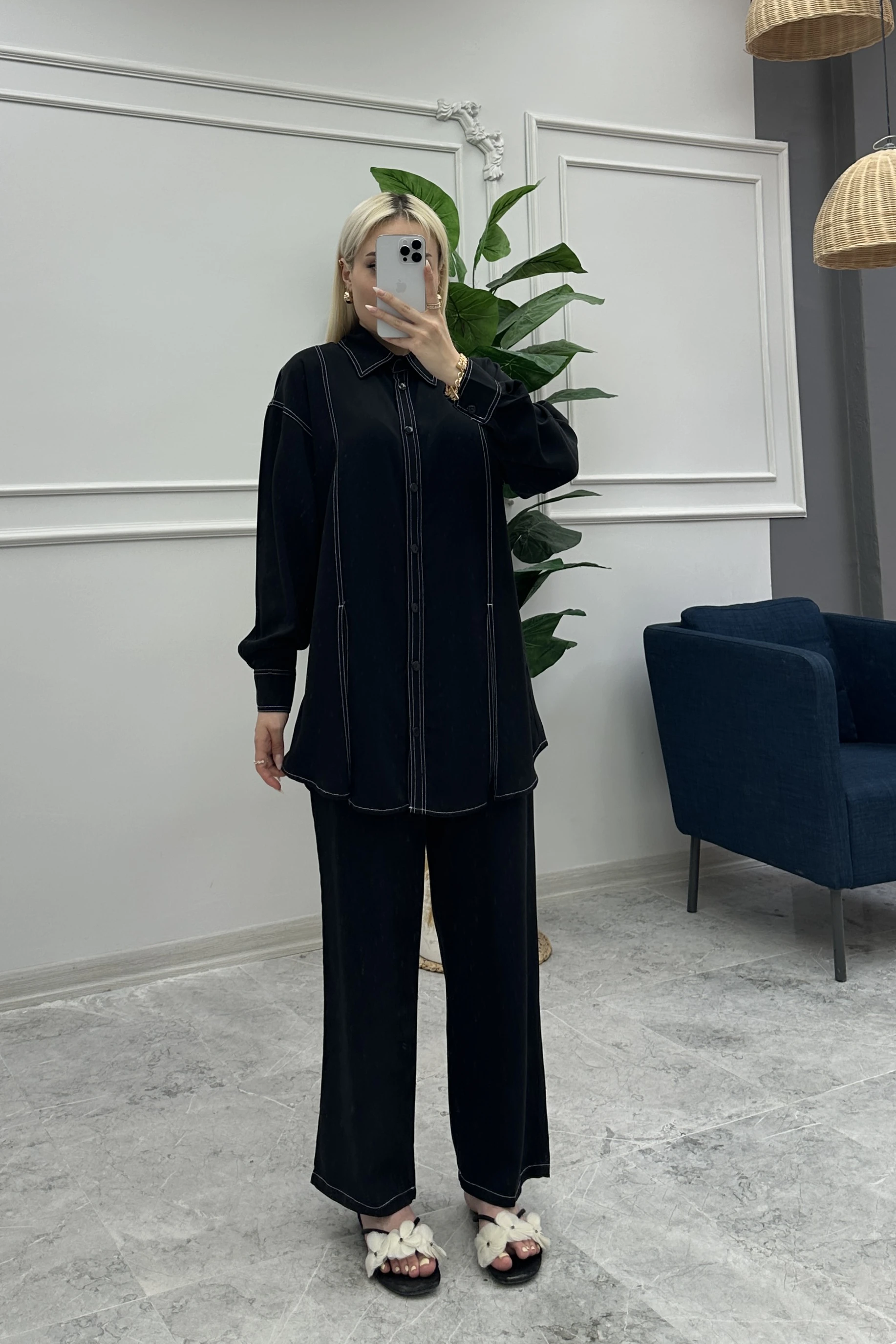 Wholesale Tencel Fabric Slit Detailed Two Piece Suit - 10670 Product Information