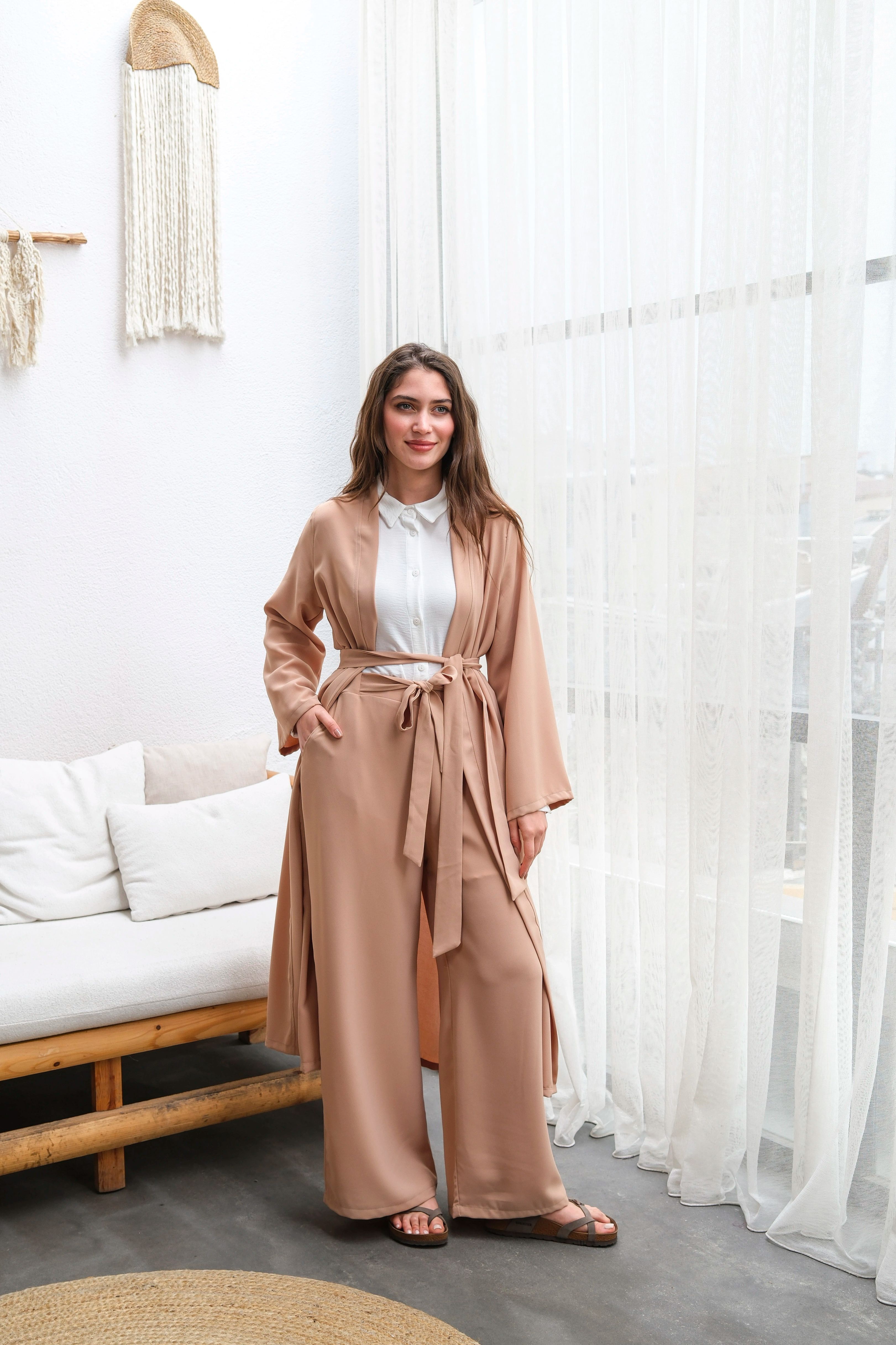 Wholesale Thin Crepe Fabric Belted Two Piece Suit - 10634 Product Information - Milk Coffee
