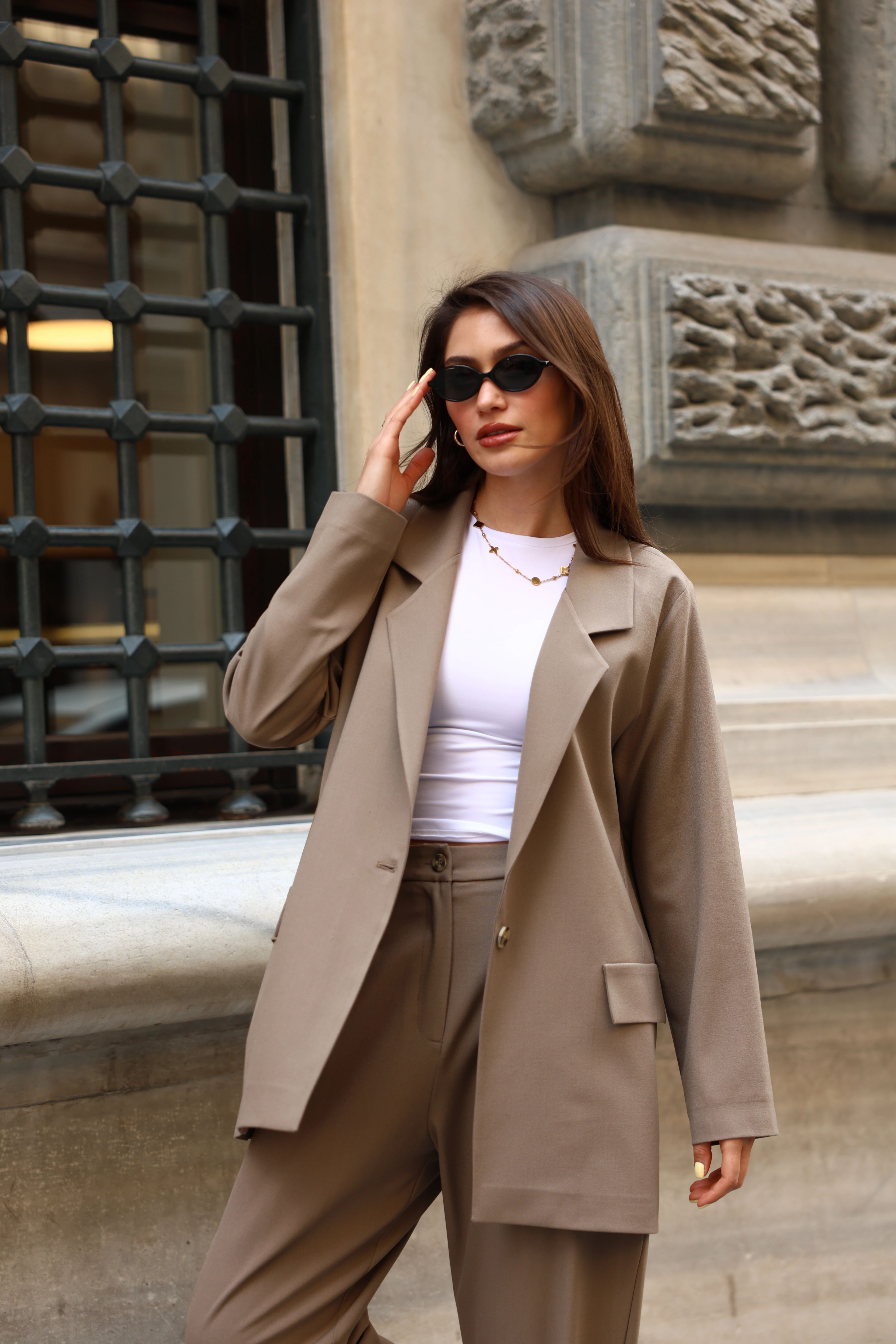 Toptan İthal Keten Kumaş Blazer Ceketli İkili Takım - KAHVE