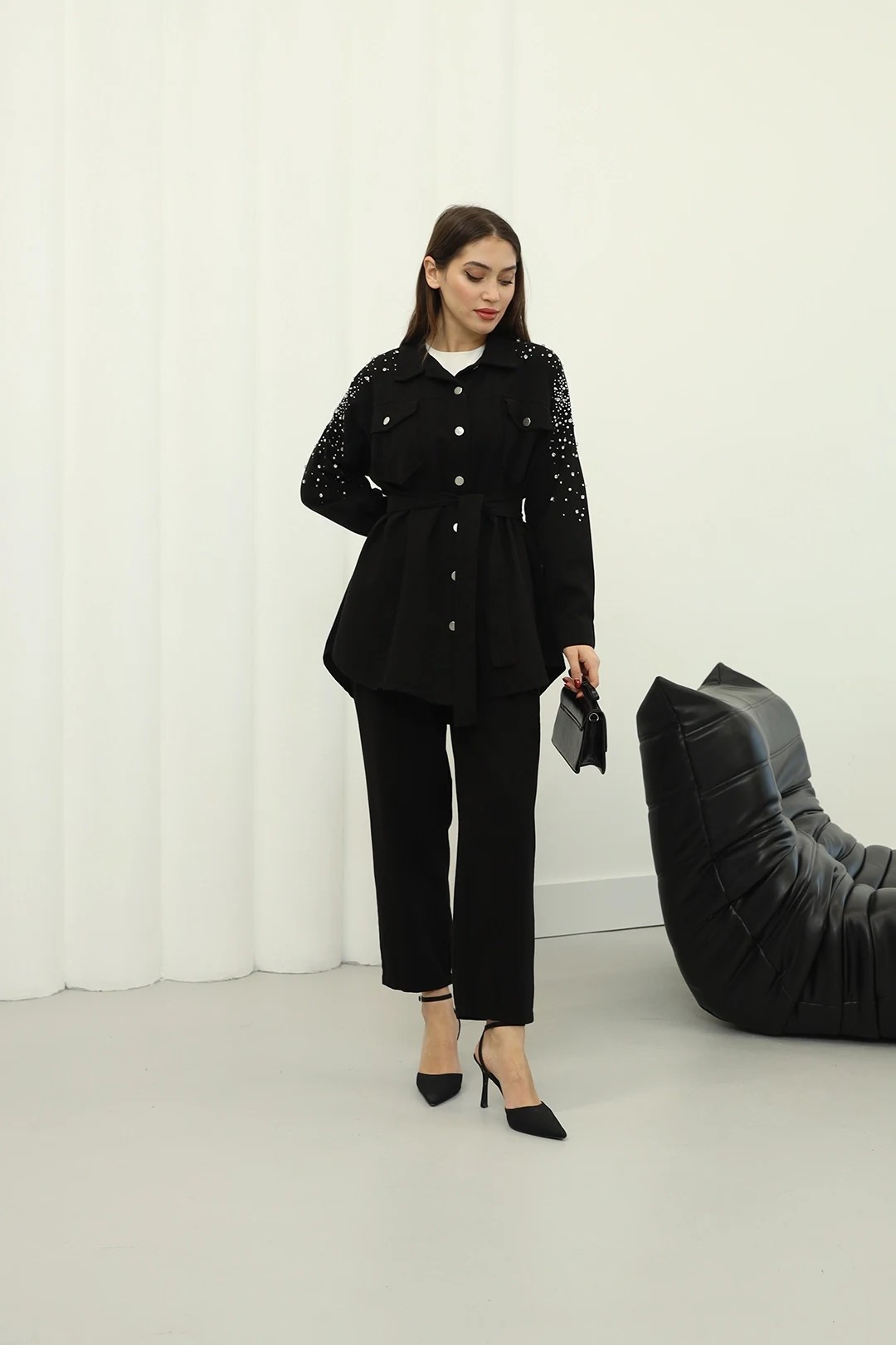 Wholesale Denim Fabric Shoulder Stoned Two Piece Suit - 10575 - Black