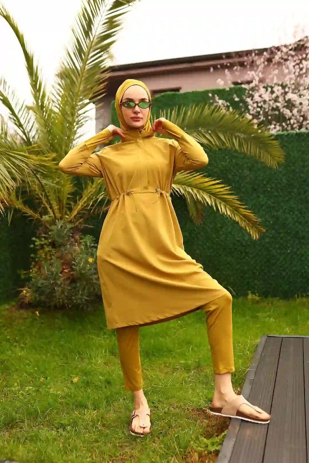 Toptan Polyester Elastan Kumaş Beli Büzgülü Cepleri Fileli Üçlü Tesettür Mayo