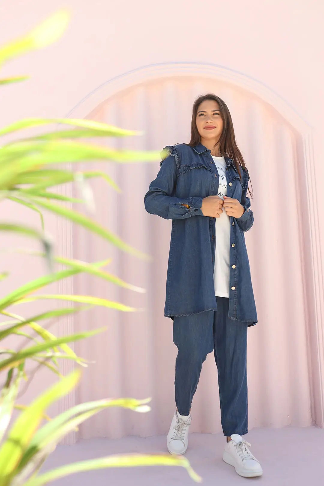 Toptan Kot Kumaş Fırfır Detaylı Üçlü Takım - KOYU KOT