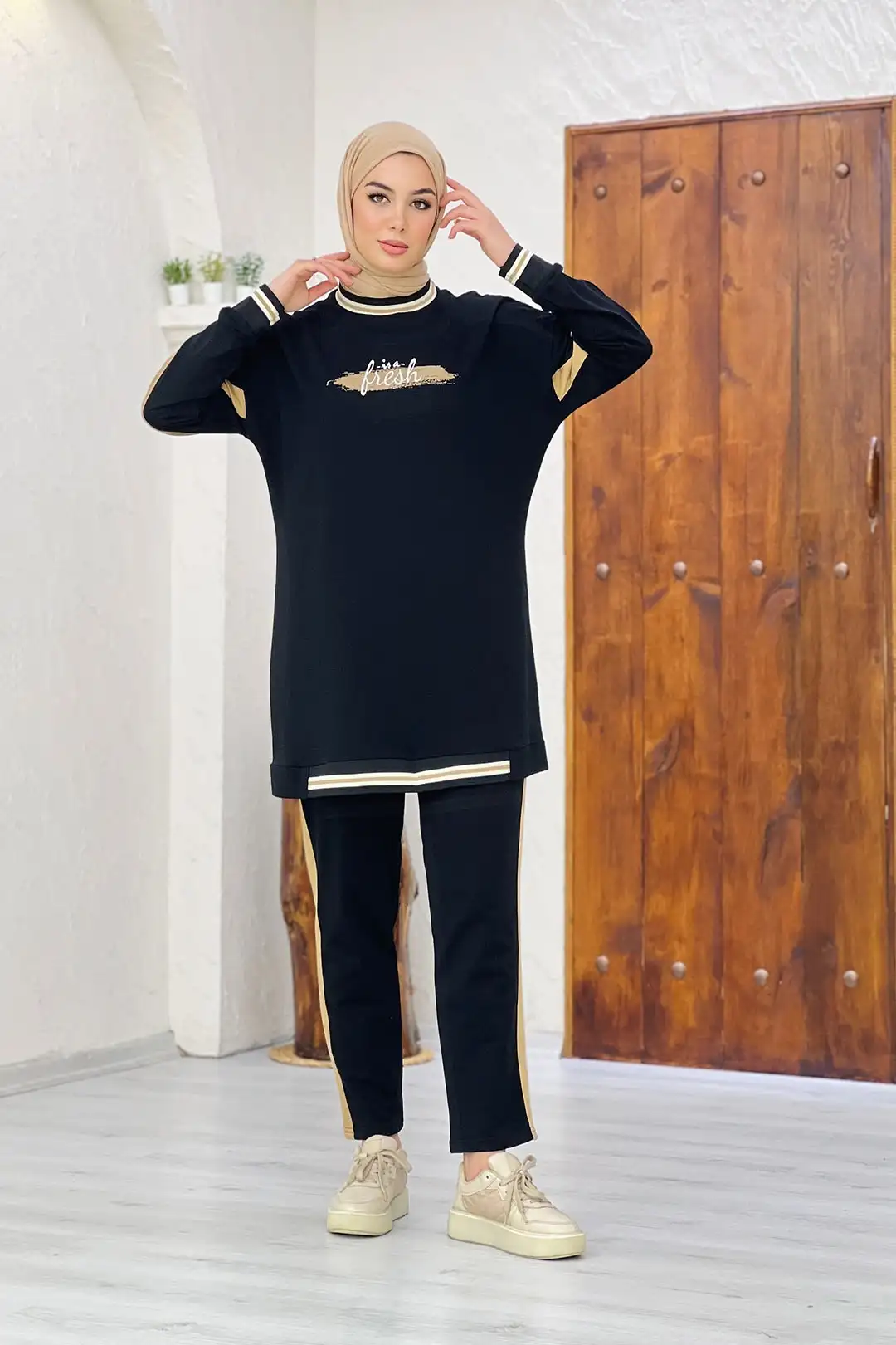 Toptan İki İplik Kumaş Yazı Desenli Ribana Detaylı İkili Takım - SİYAH