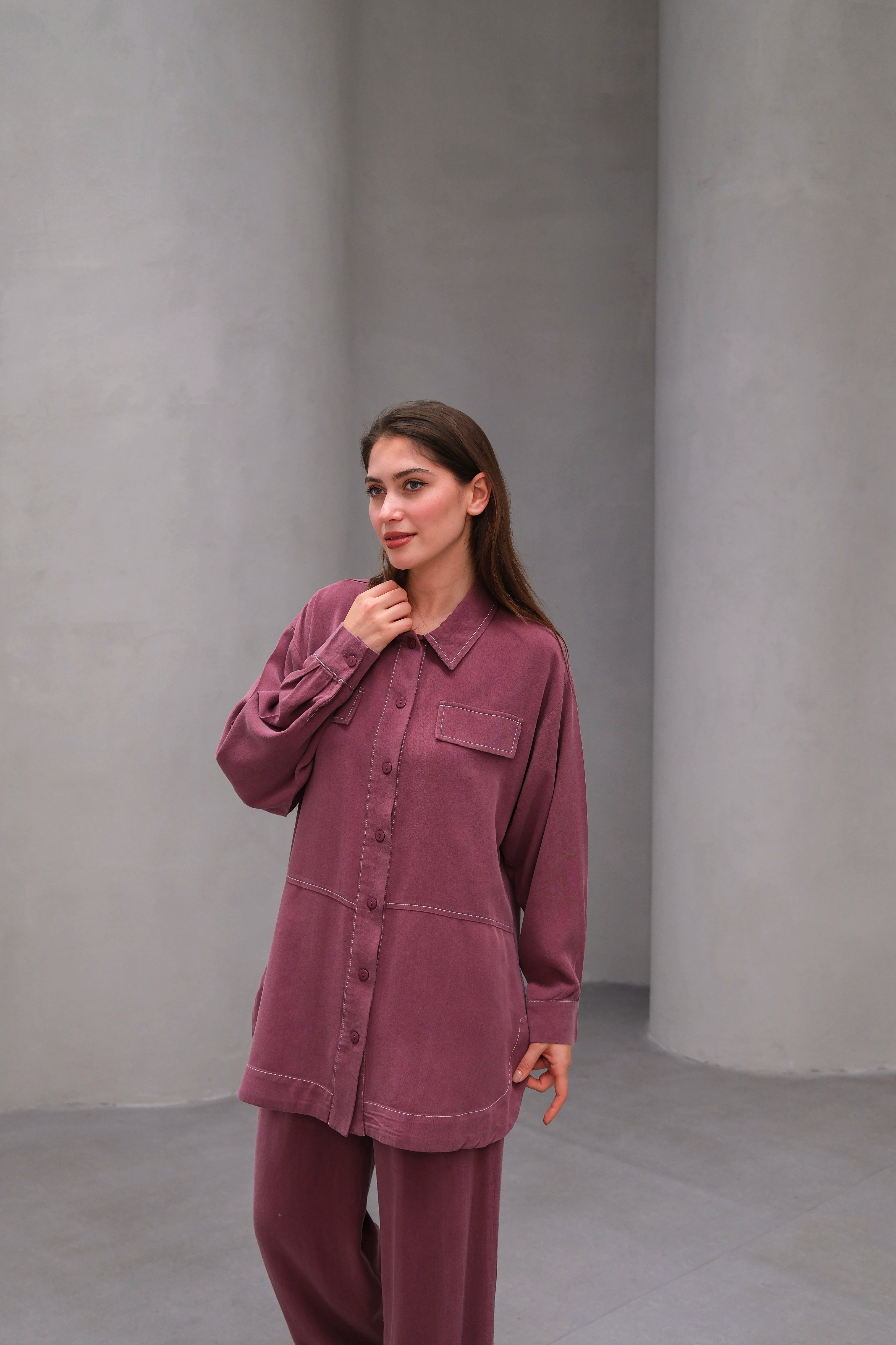 Wholesale Tencel Fabric Buttoned Flap Pocket Two Piece Suit - 10644 Product Information - Dusty Rose