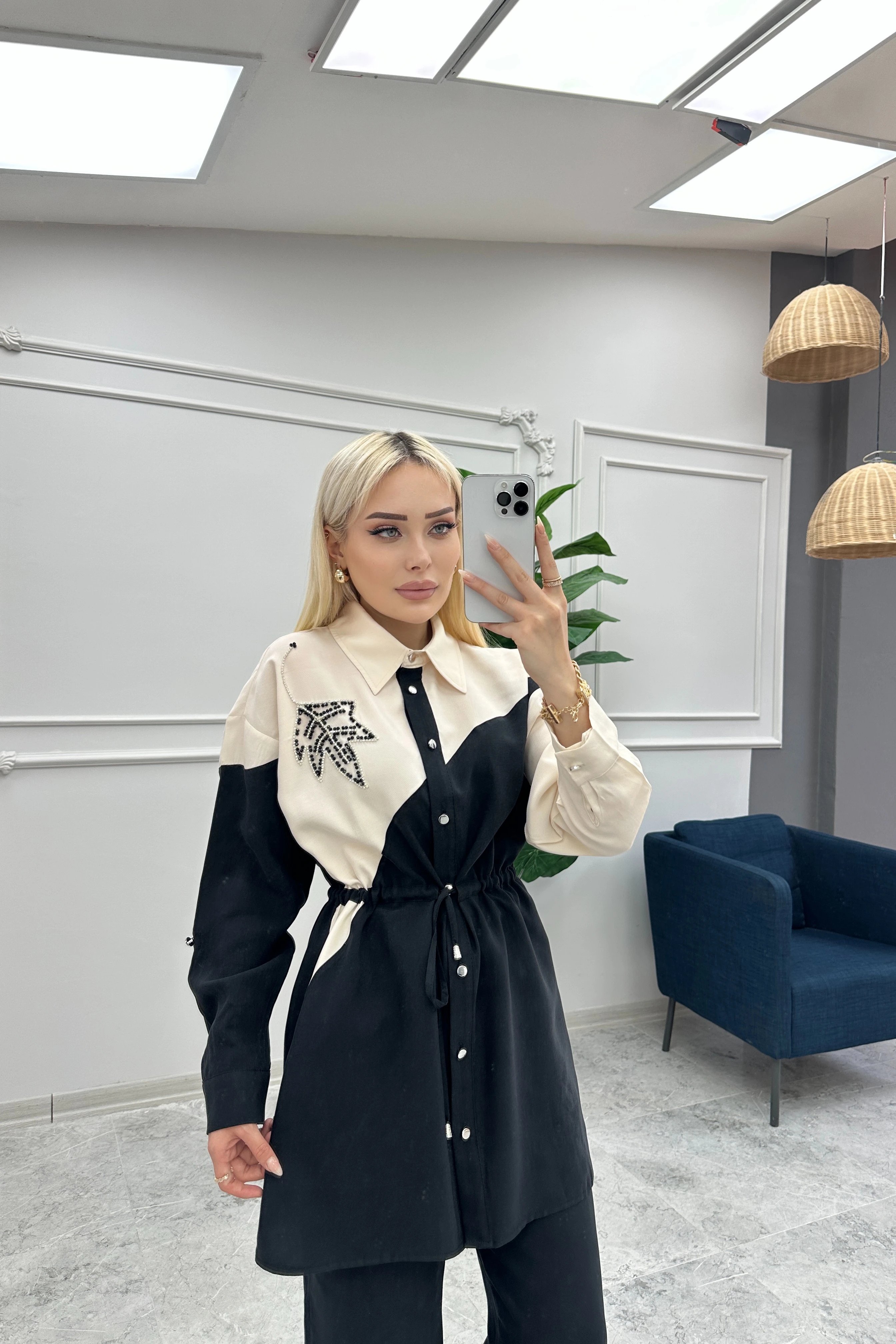 Toptan Keten Kumaş Çift Renkli Bel Tünelli İkili Takım