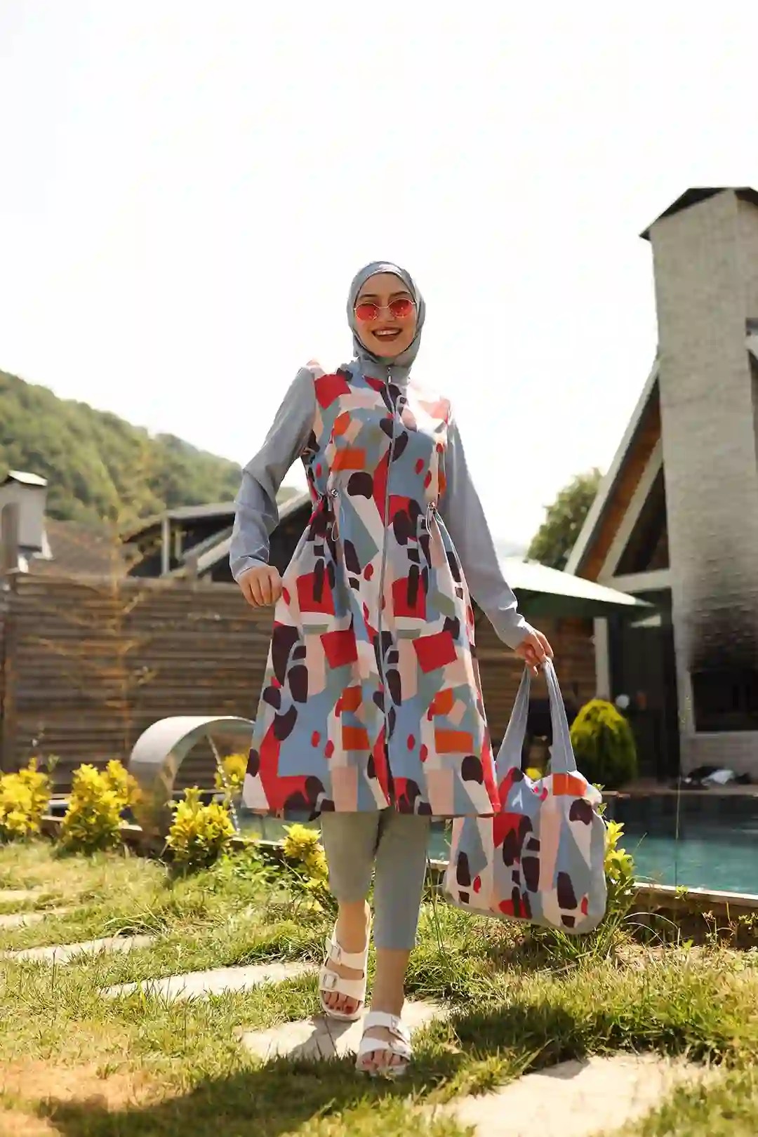 Renkli Desenli Büzgü Detaylı Polyester Elastan Tesettür Mayo 10371