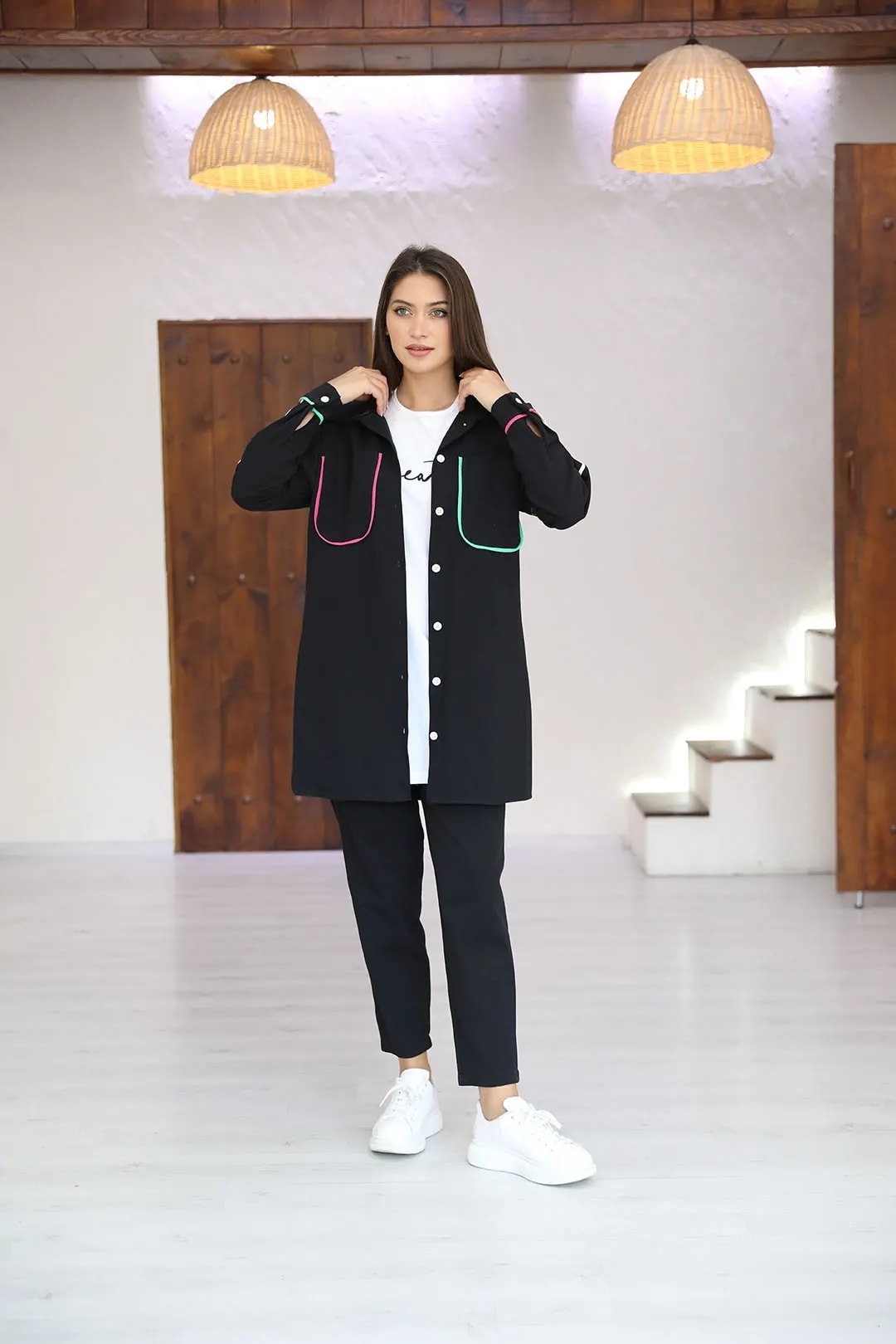 Wholesale Denim Fabric Front Buttoned Three-Piece Suit - Black