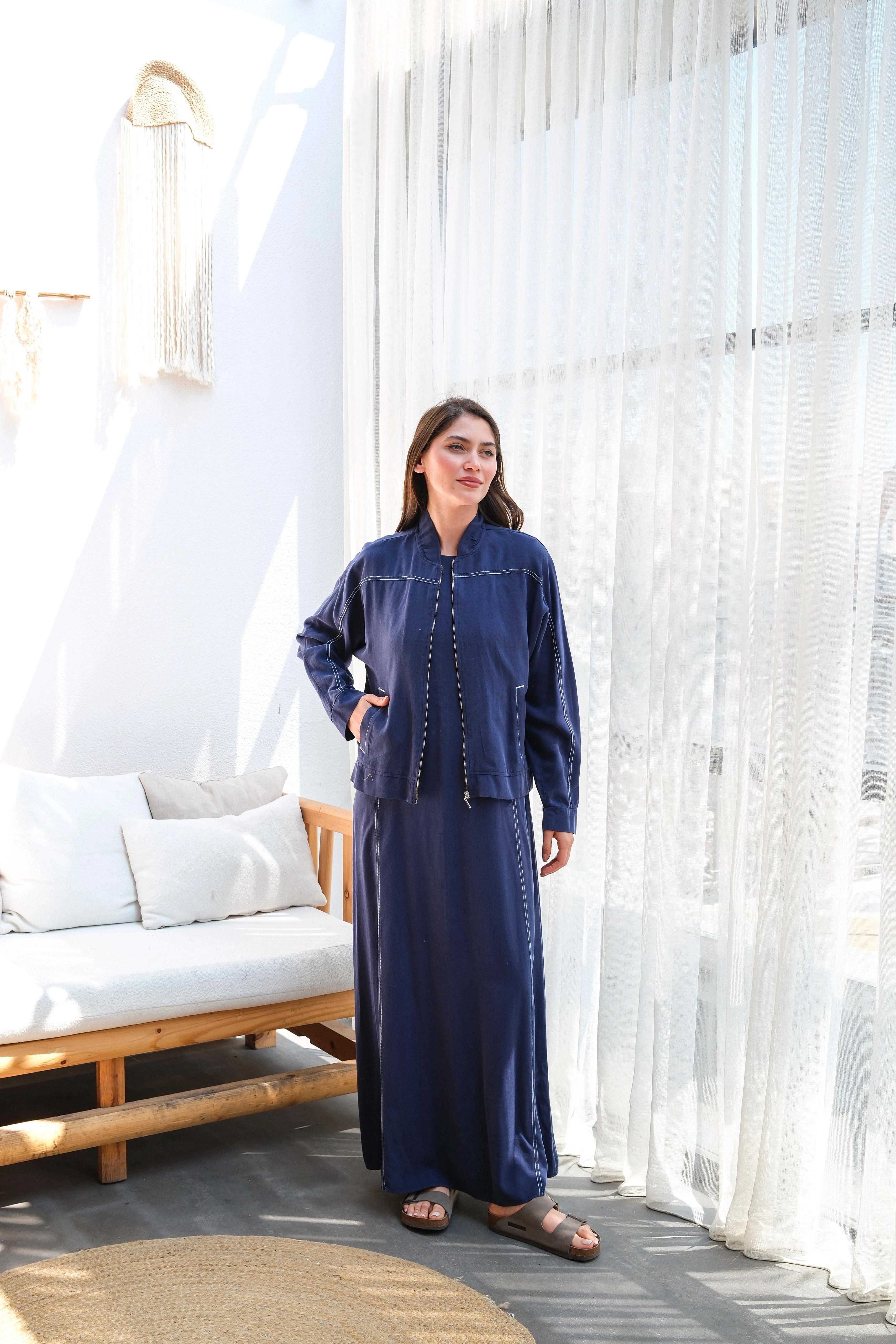 Wholesale Tencel Fabric Jacket Zippered Double Dress - 3751 Product Information - Navy Blue