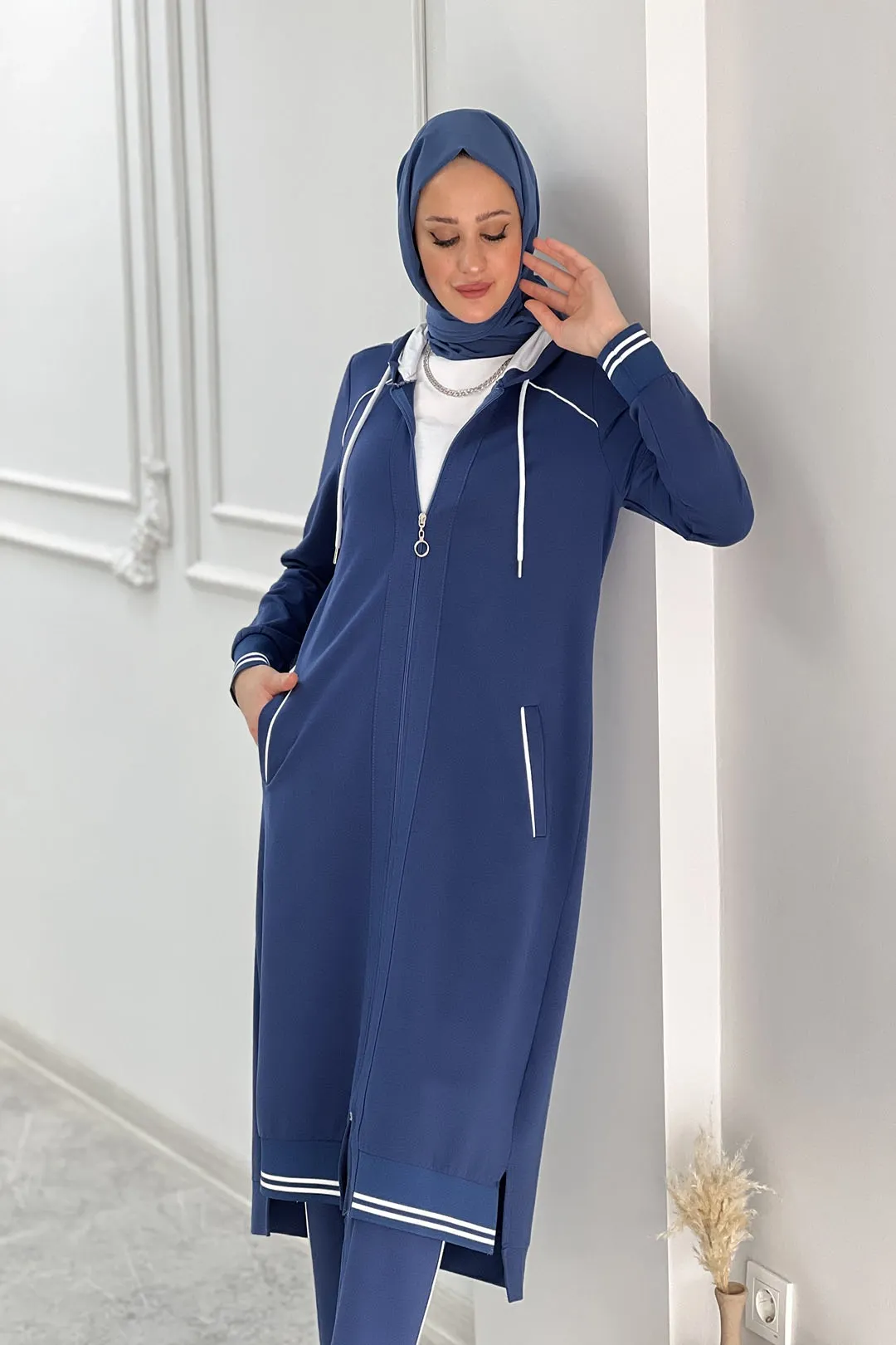 Wholesale Two-Thread Fabric Full Zippered Hooded Plus Size Two-Piece Suit - Blue