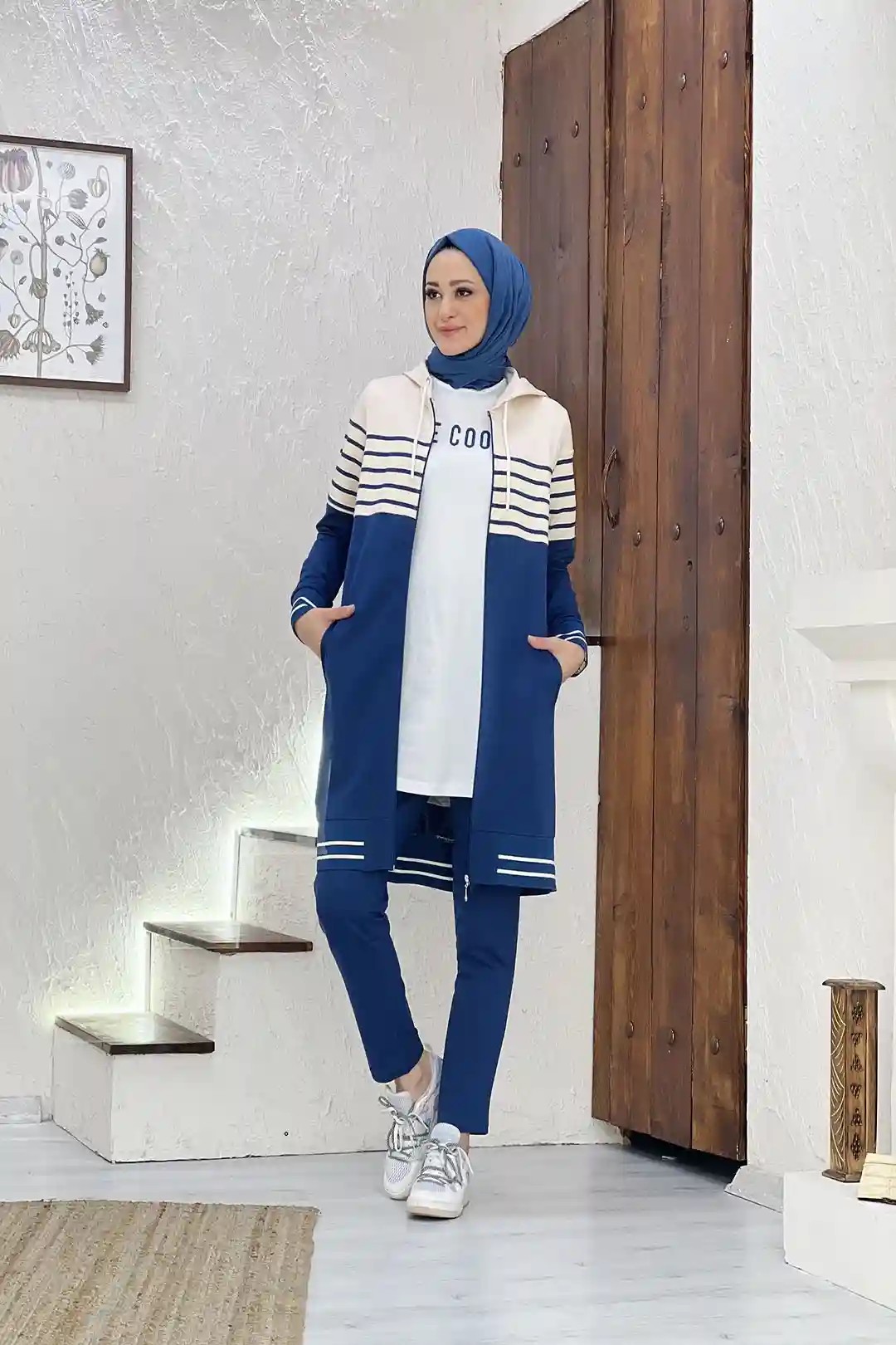 Wholesale Two-Thread Fabric Hooded Stripe Detailed Three-Piece Suit - Indigo