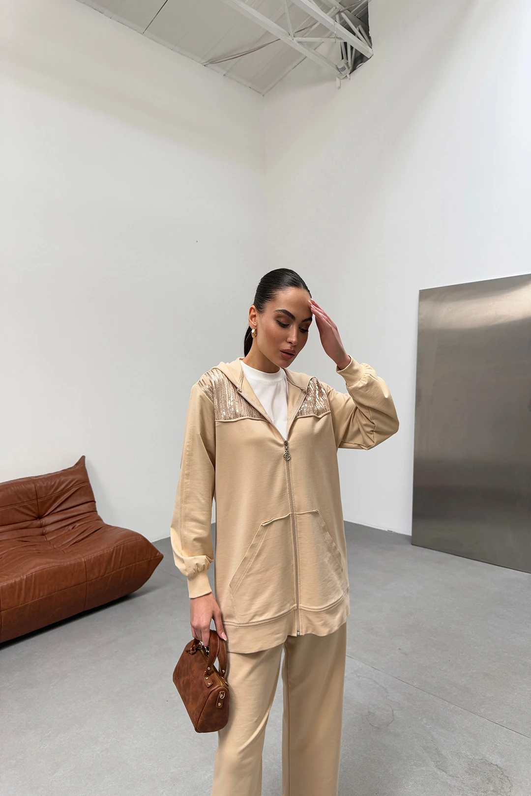 Wholesale Two-Thread Fabric Sequined Two-Piece Suit - 10604 - Cream